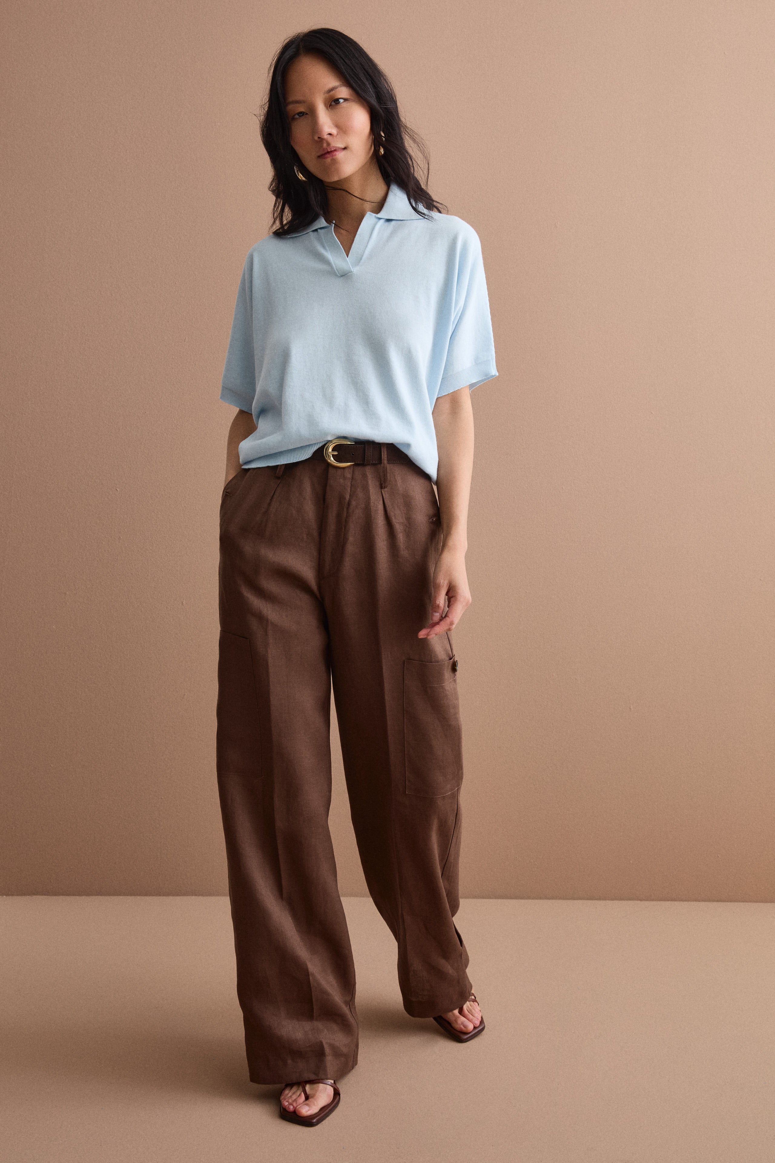 Pantalone Cargo in Lino con Pinces - T.MORO