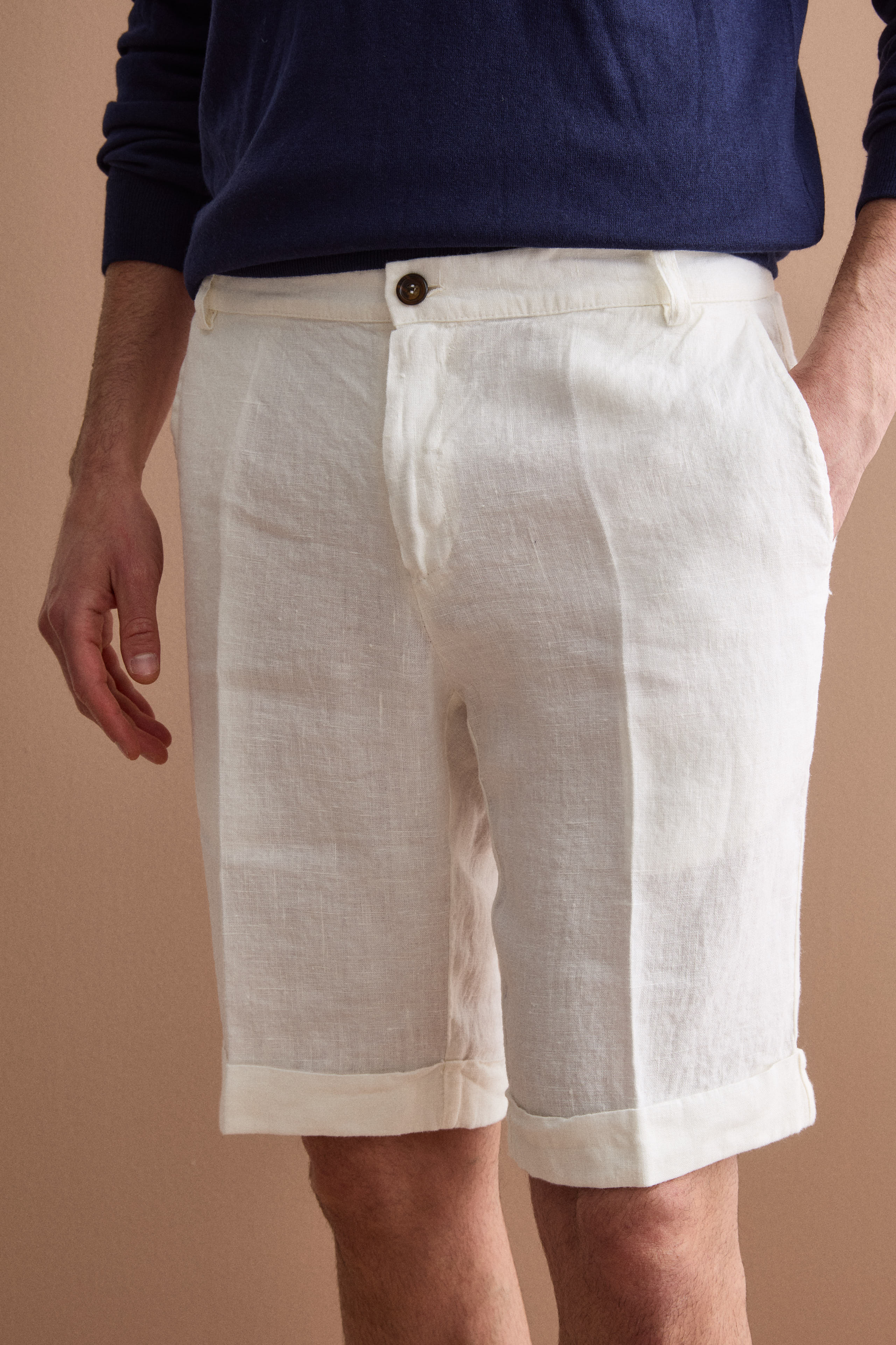 Bermuda Uomo in Lino Regular Fit con Risvolto - PANNA