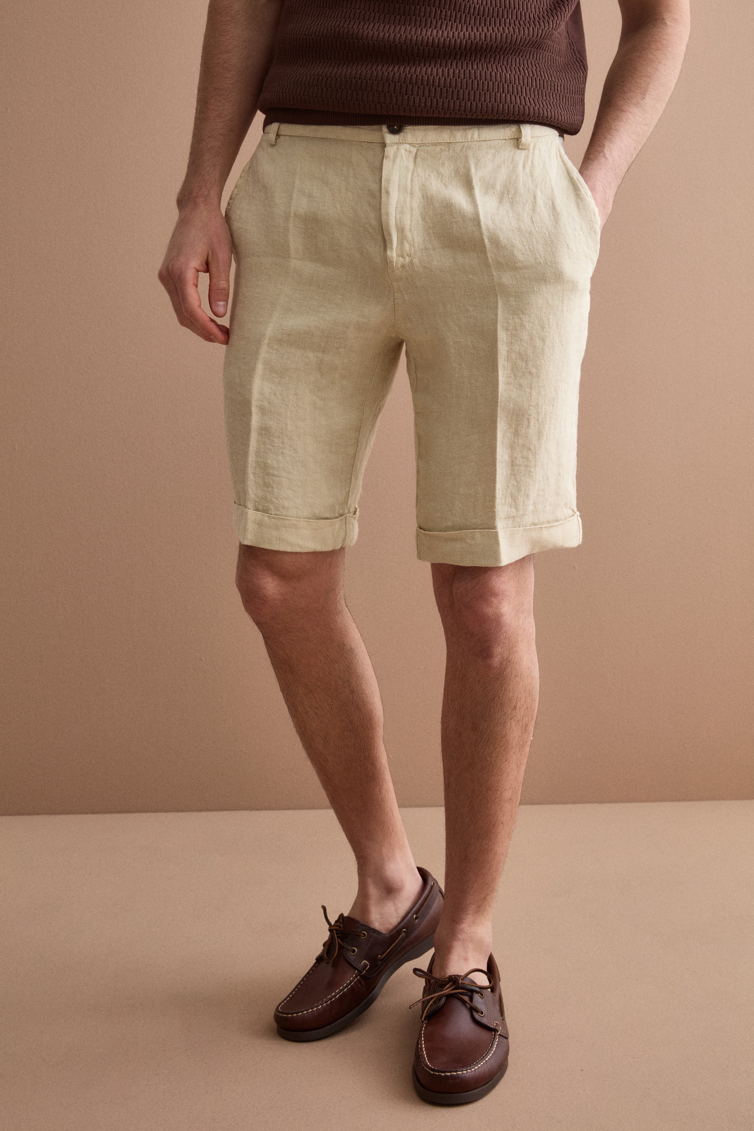 Bermuda Uomo in Lino Regular Fit con Risvolto - SABBIA