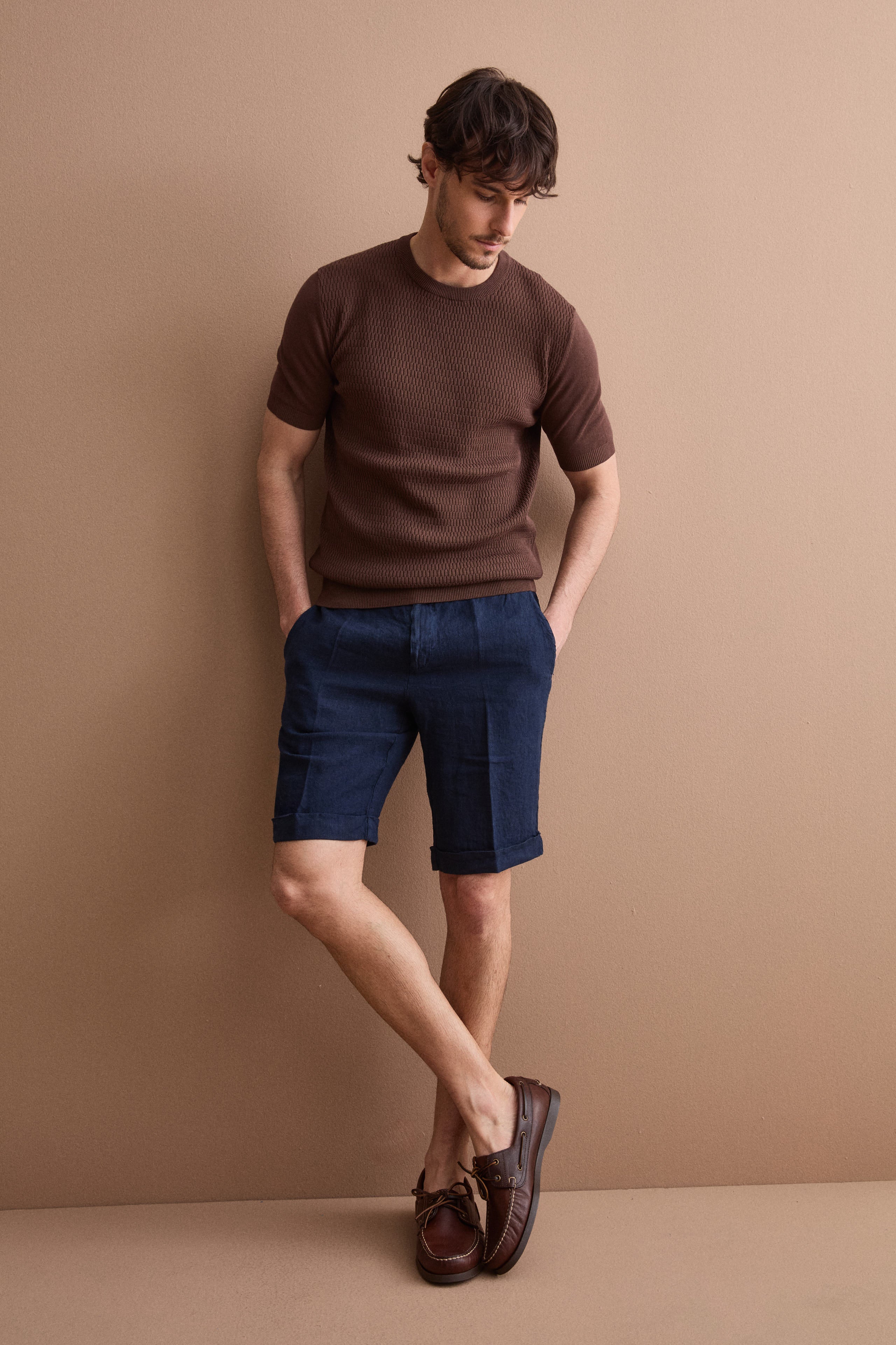 Bermuda Uomo in Lino Regular Fit con Risvolto - BLU