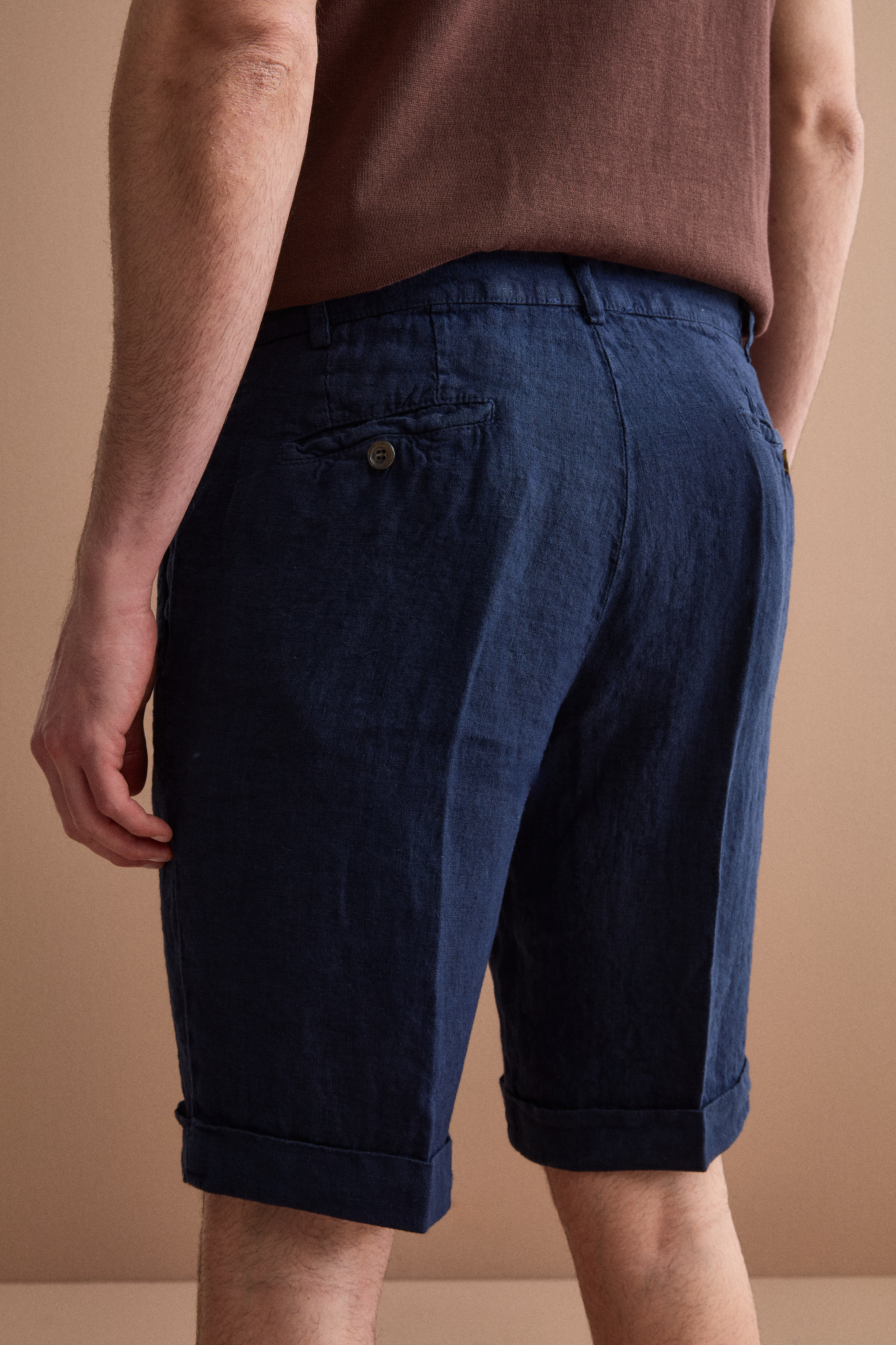 Bermuda Uomo in Lino Regular Fit con Risvolto - BLU