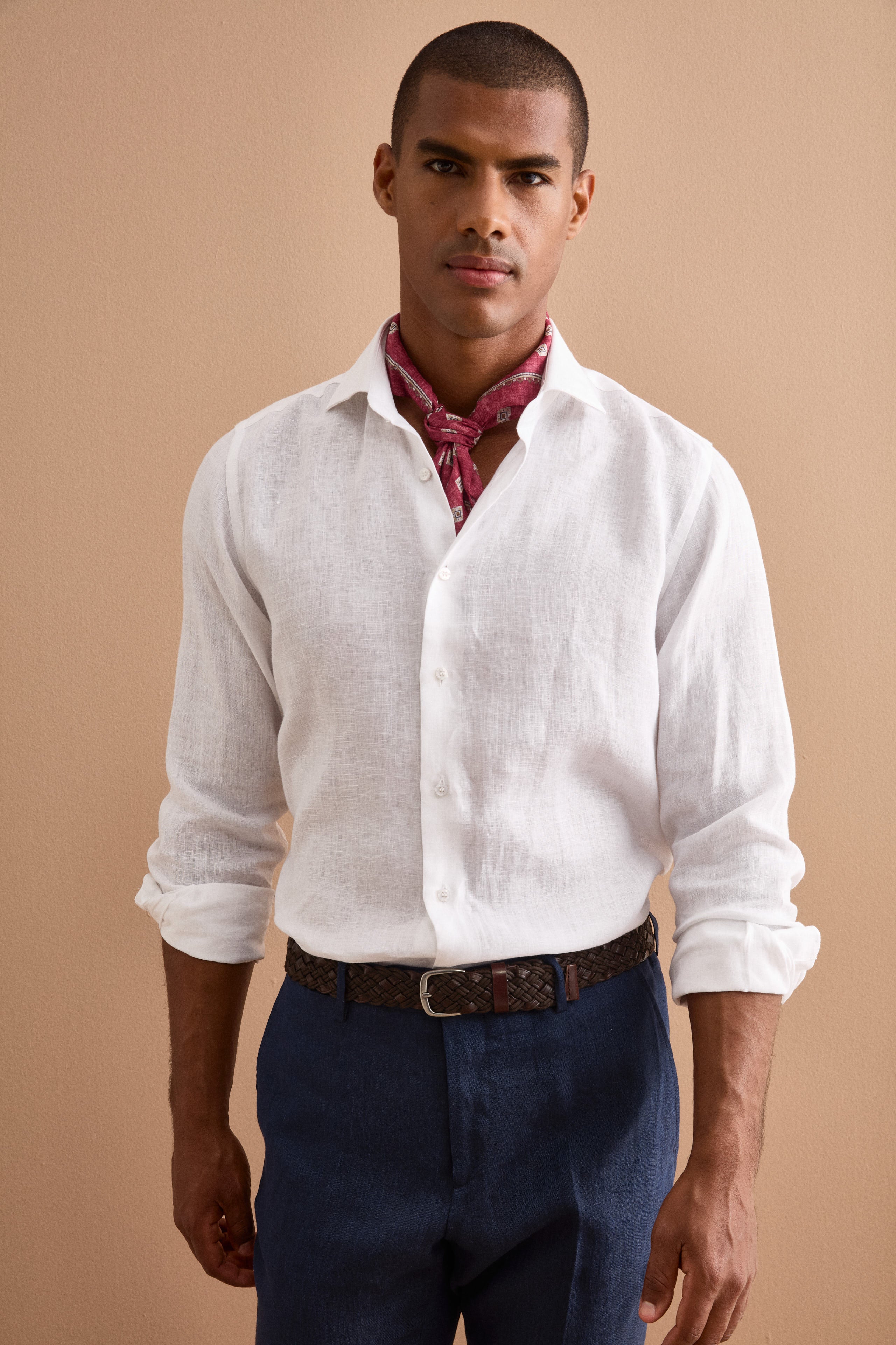 Camicia in Lino Regular con Collo Francese - BIANCO
