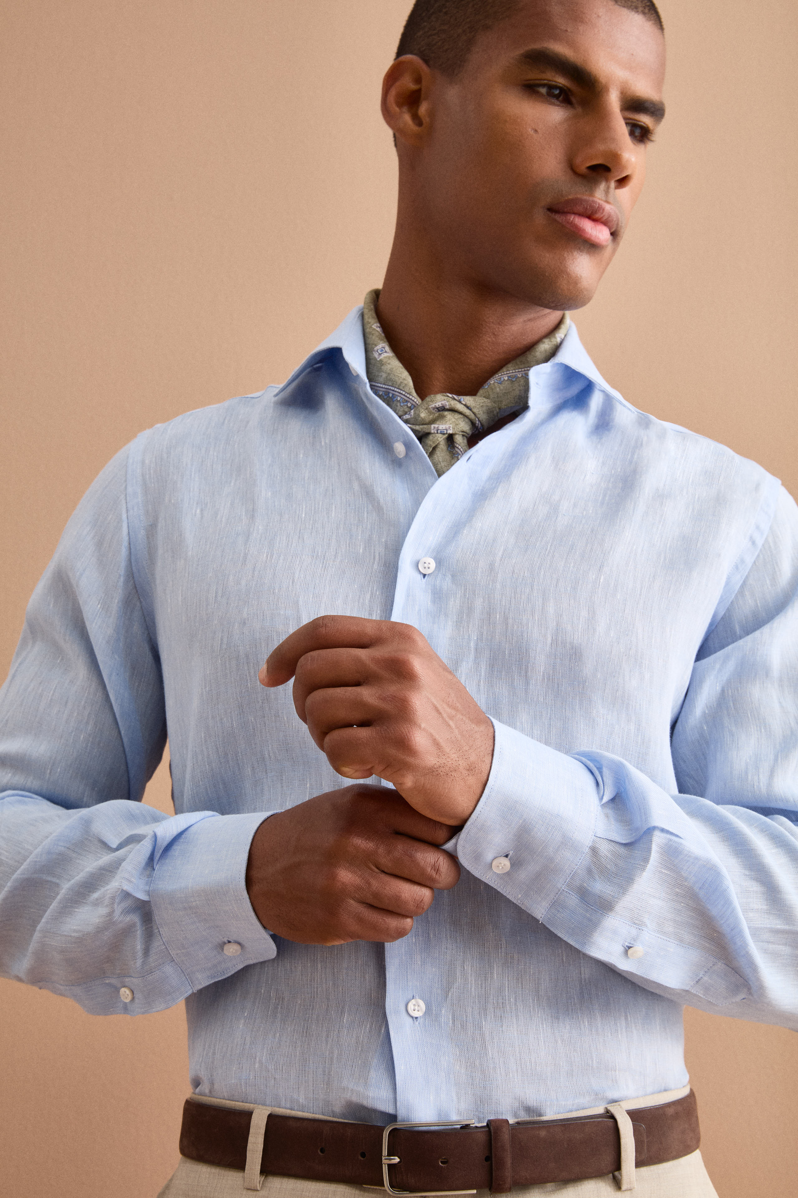 Camicia in Lino Regular con Collo Francese - AZZURRO
