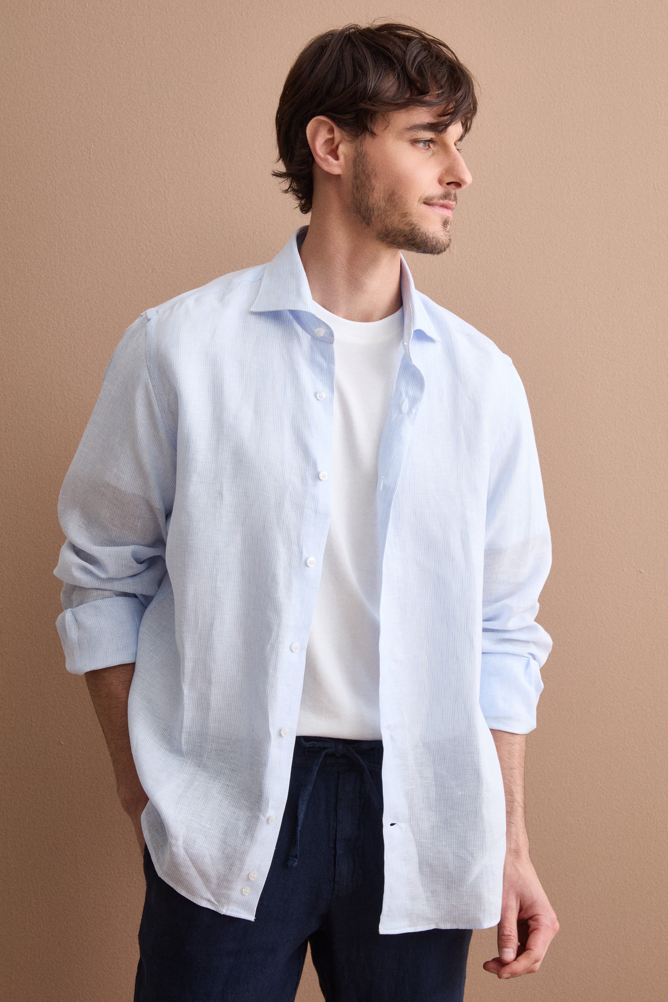 Camicia Uomo Casual Regular Fit in Lino - AZZURRO RIGATO