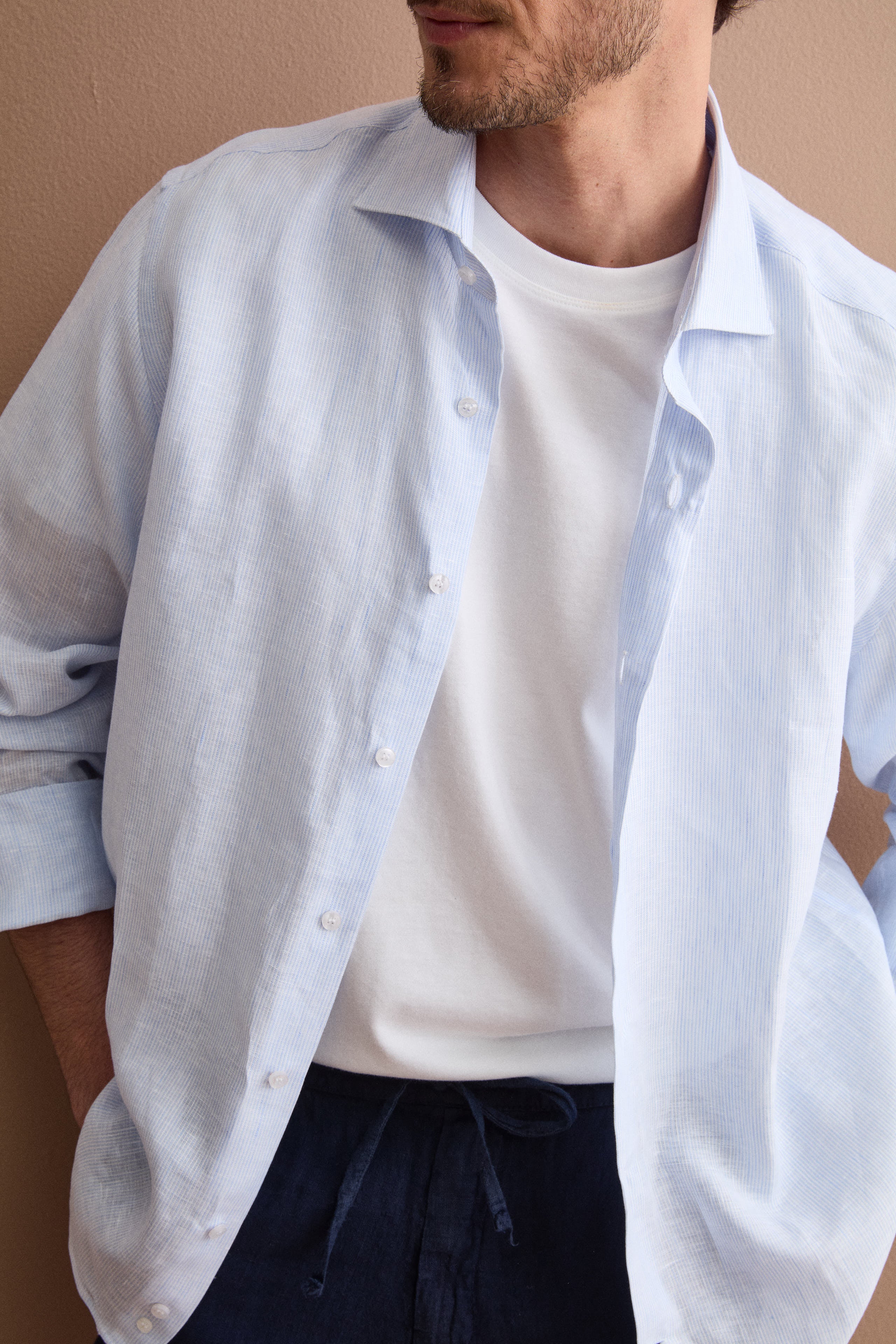 Camicia Uomo Casual Regular Fit in Lino - AZZURRO RIGATO
