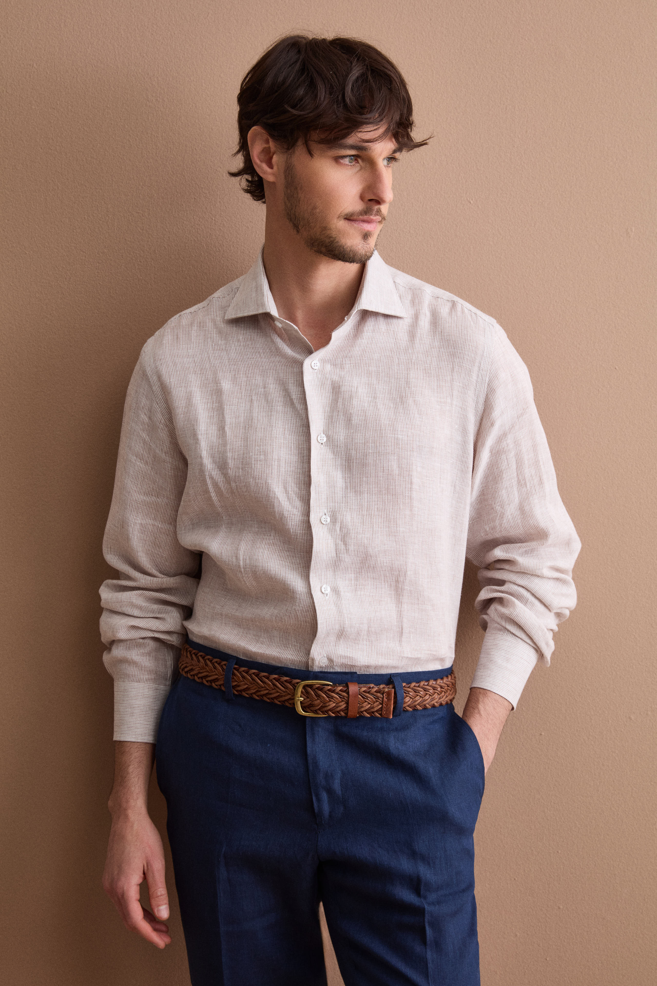 Camicia Uomo Casual Regular Fit in Lino - NOCCIOLA RIGATO