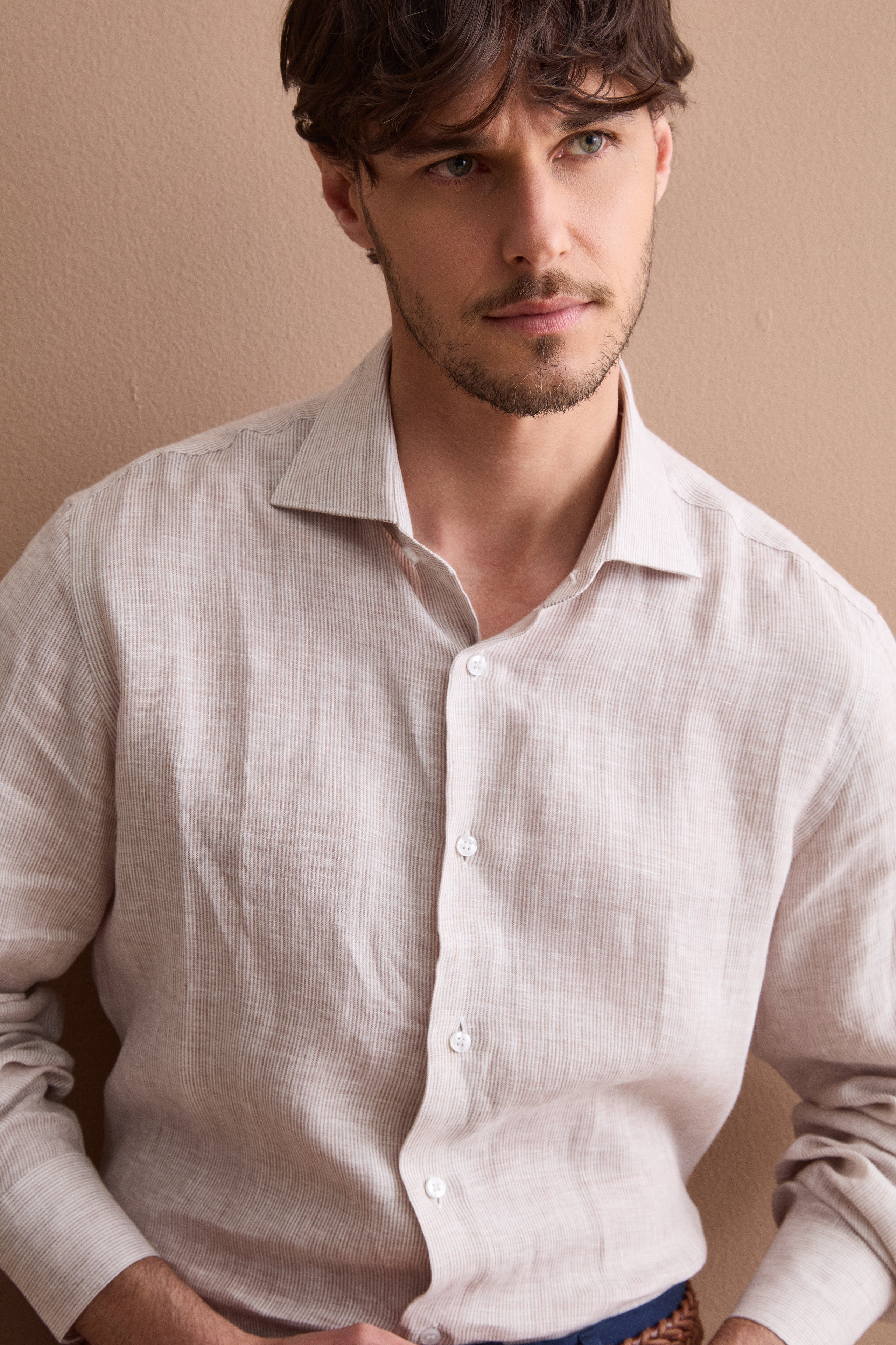 Camicia Uomo Casual Regular Fit in Lino - NOCCIOLA RIGATO