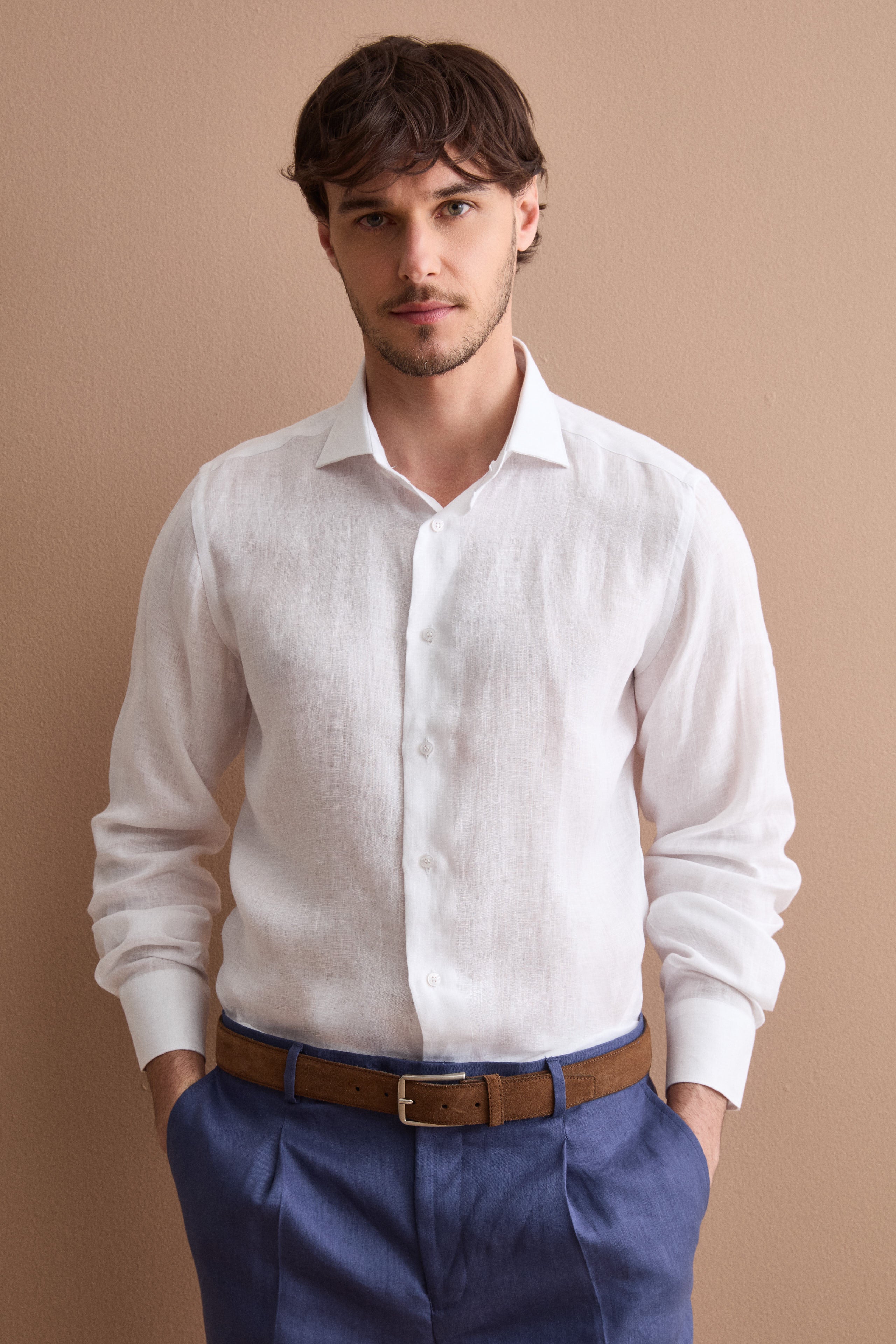 Camicia Casual Slim Fit in Lino - BIANCO