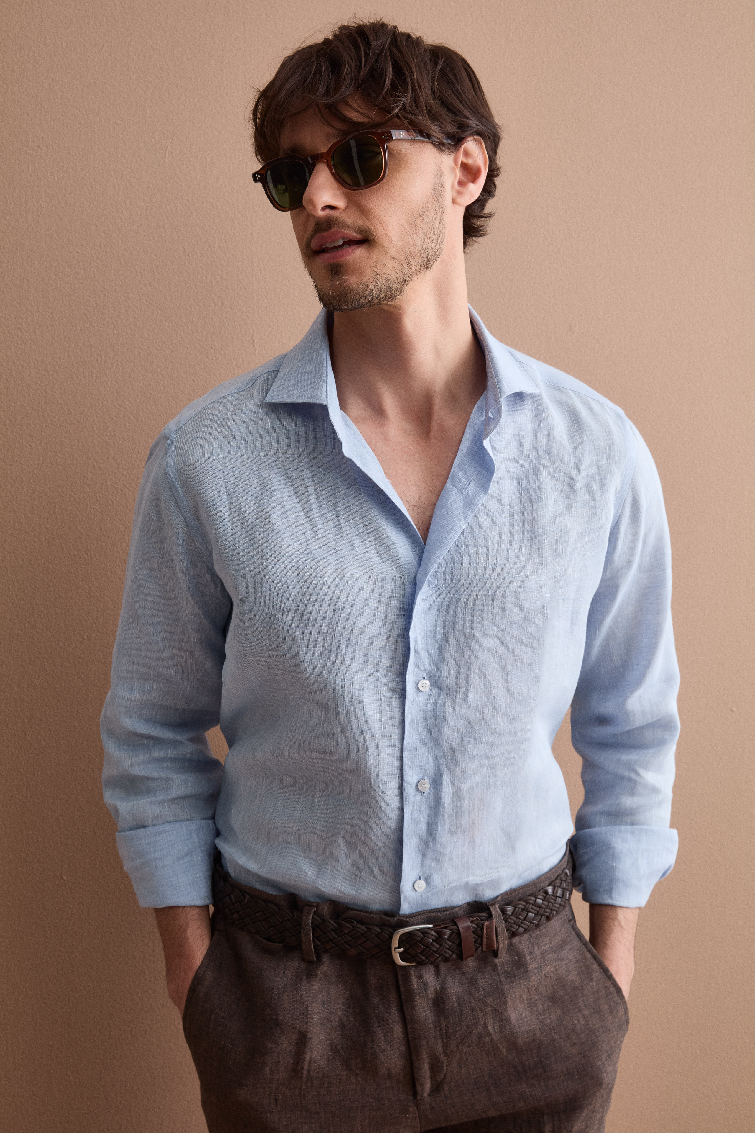 Camicia Casual Slim Fit in Lino - AZZURRO