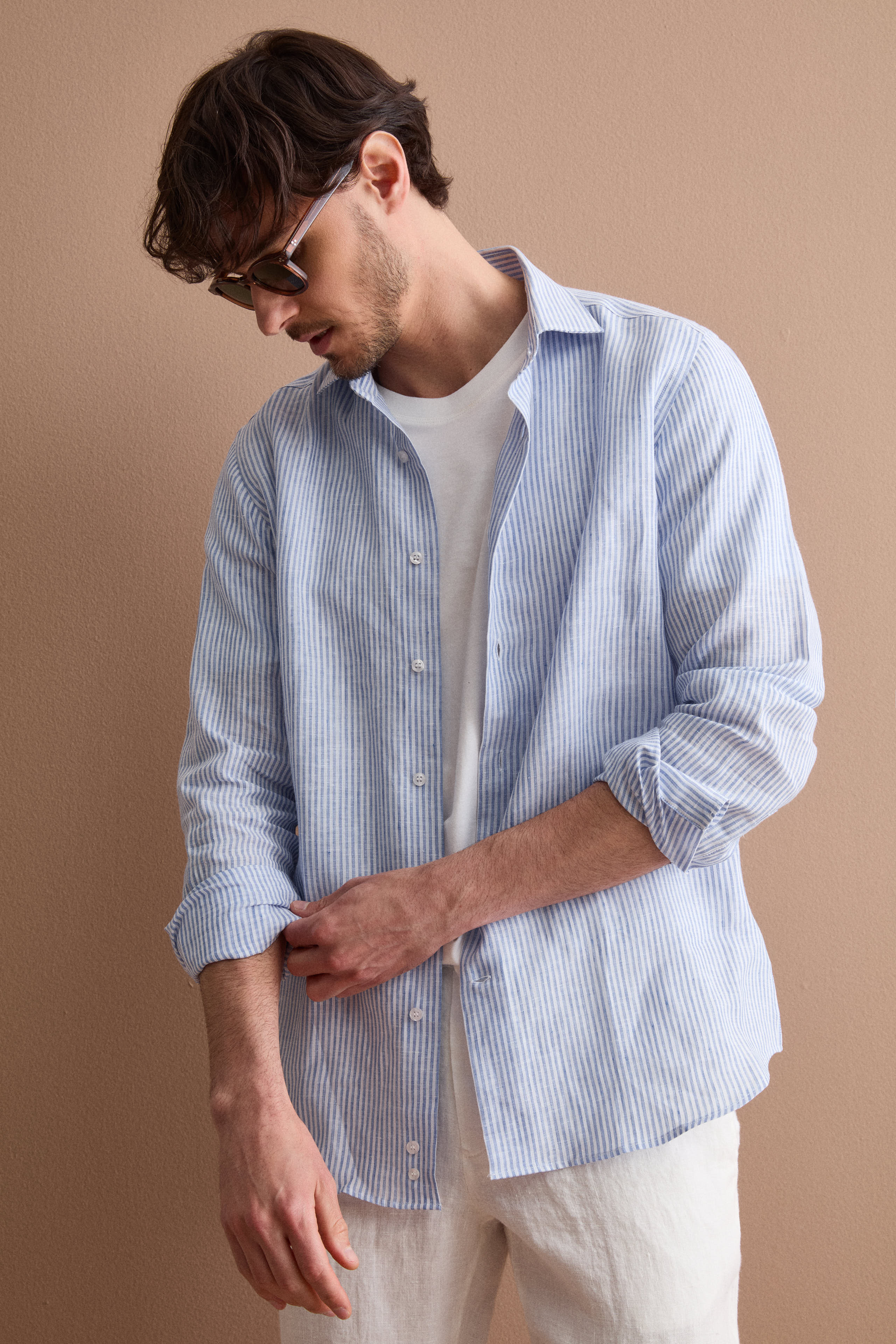 Camicia in Lino a Righe Custom Fit - AZZURRO RIGATO