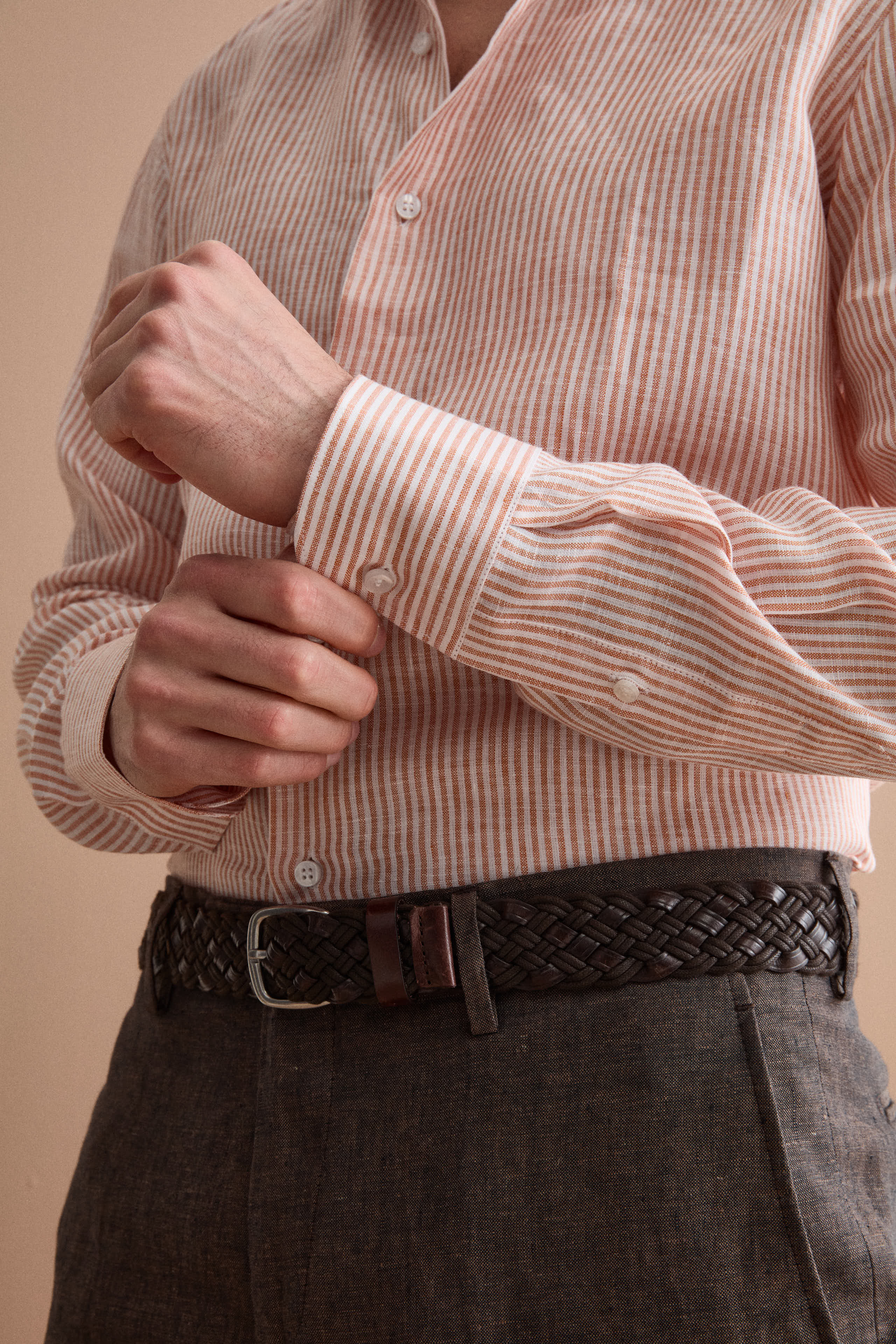 Camicia in Lino a Righe Custom Fit - RUGGINE RIGATO