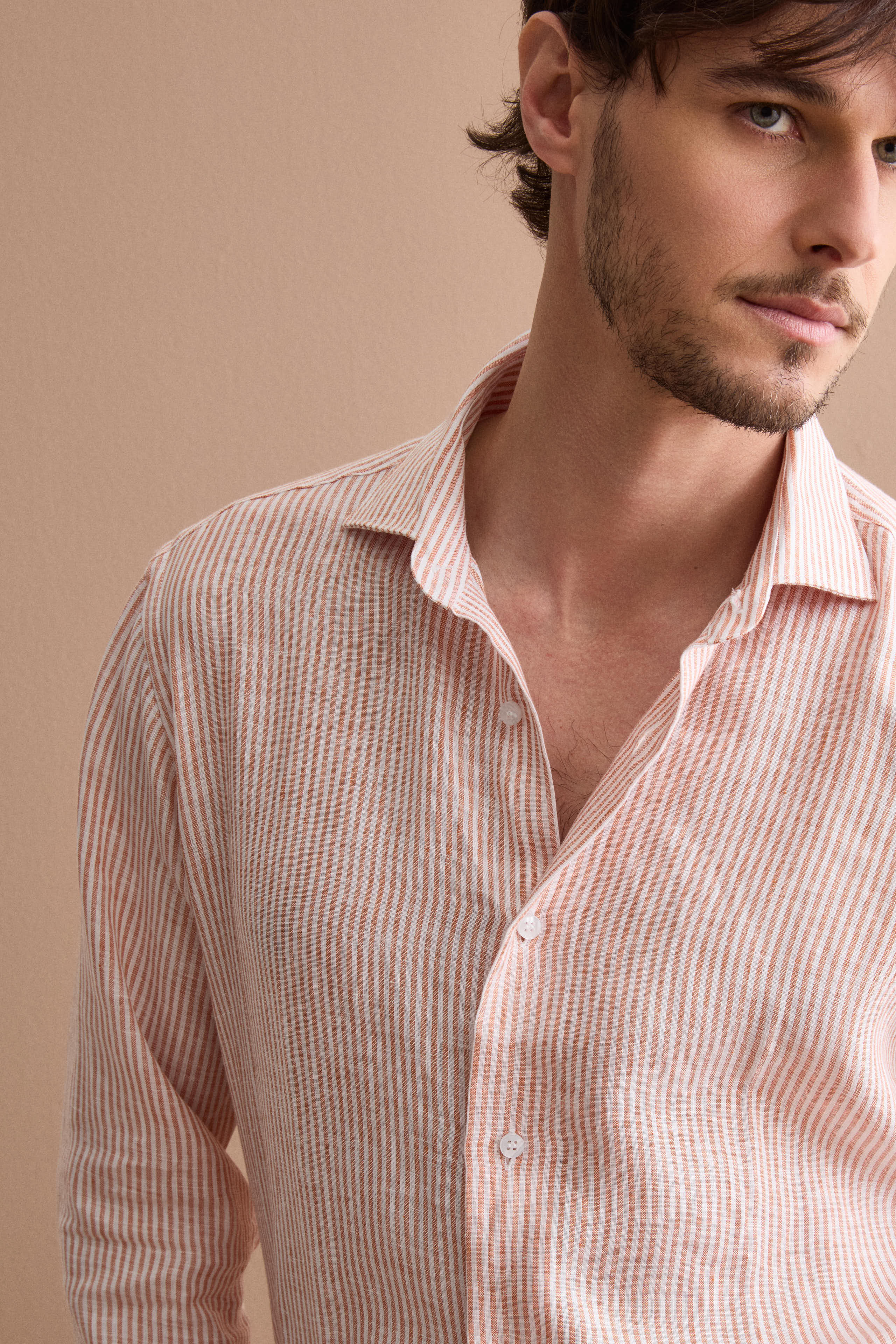 Camicia in Lino a Righe Custom Fit - RUGGINE RIGATO