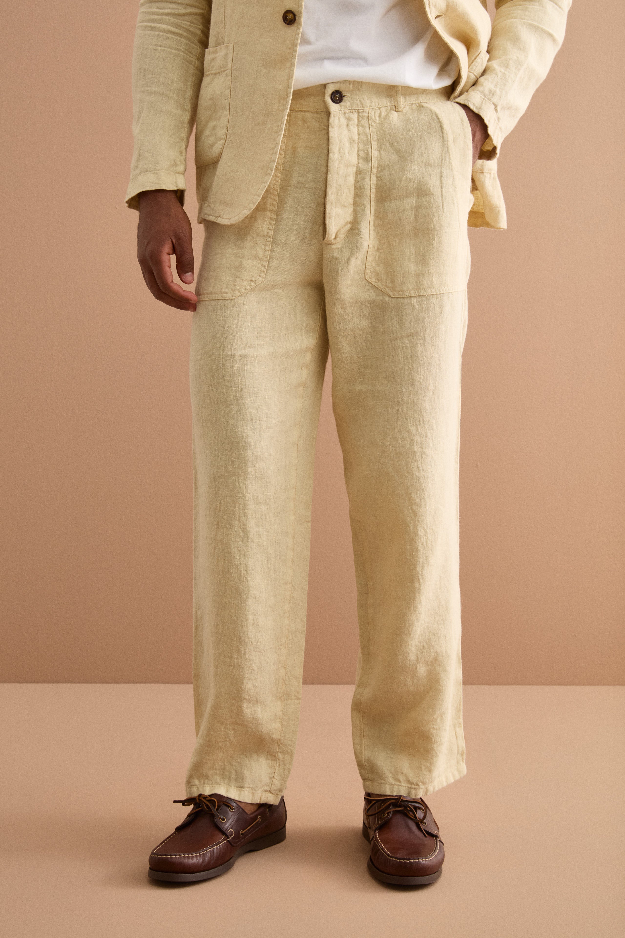 Pantalone Straight in Lino con Tasche e Alamaro - SABBIA