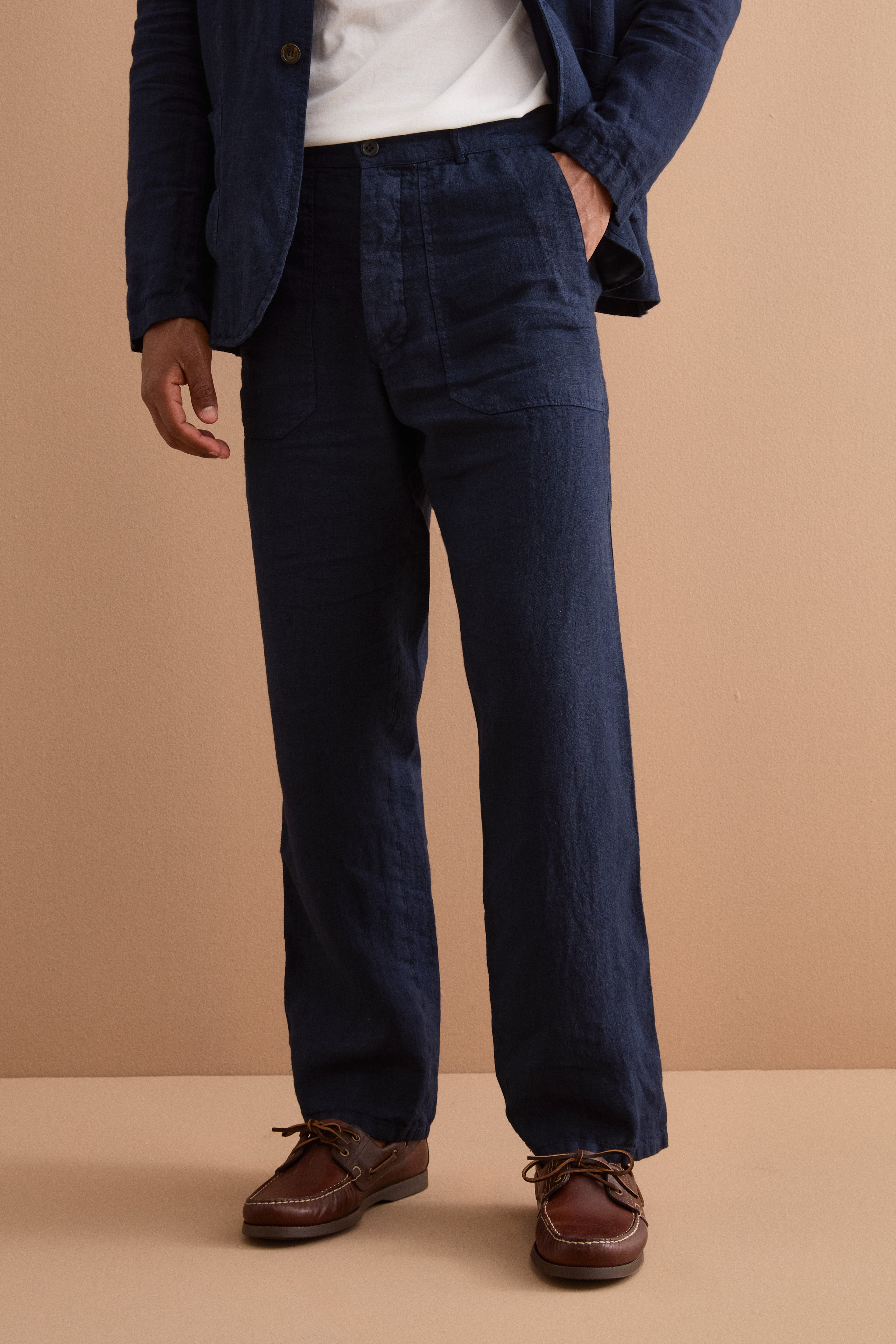 Pantalone Straight in Lino con Tasche e Alamaro - BLU