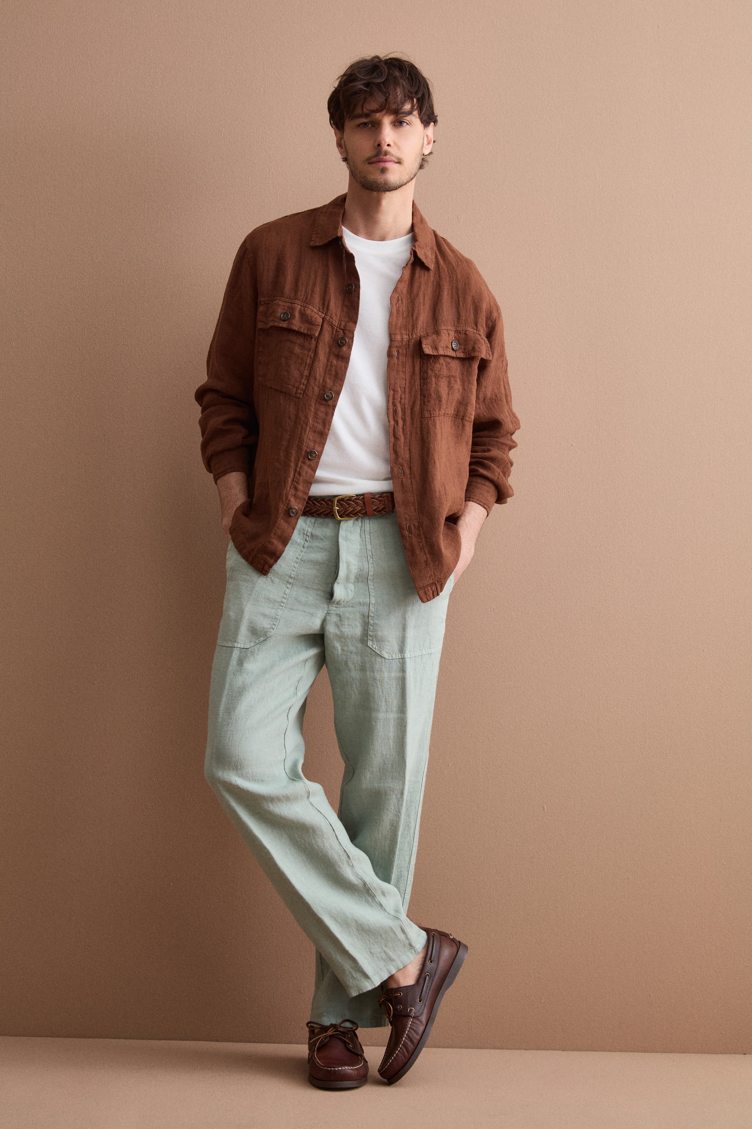 Pantalone Straight in Lino con Tasche e Alamaro - VERDE