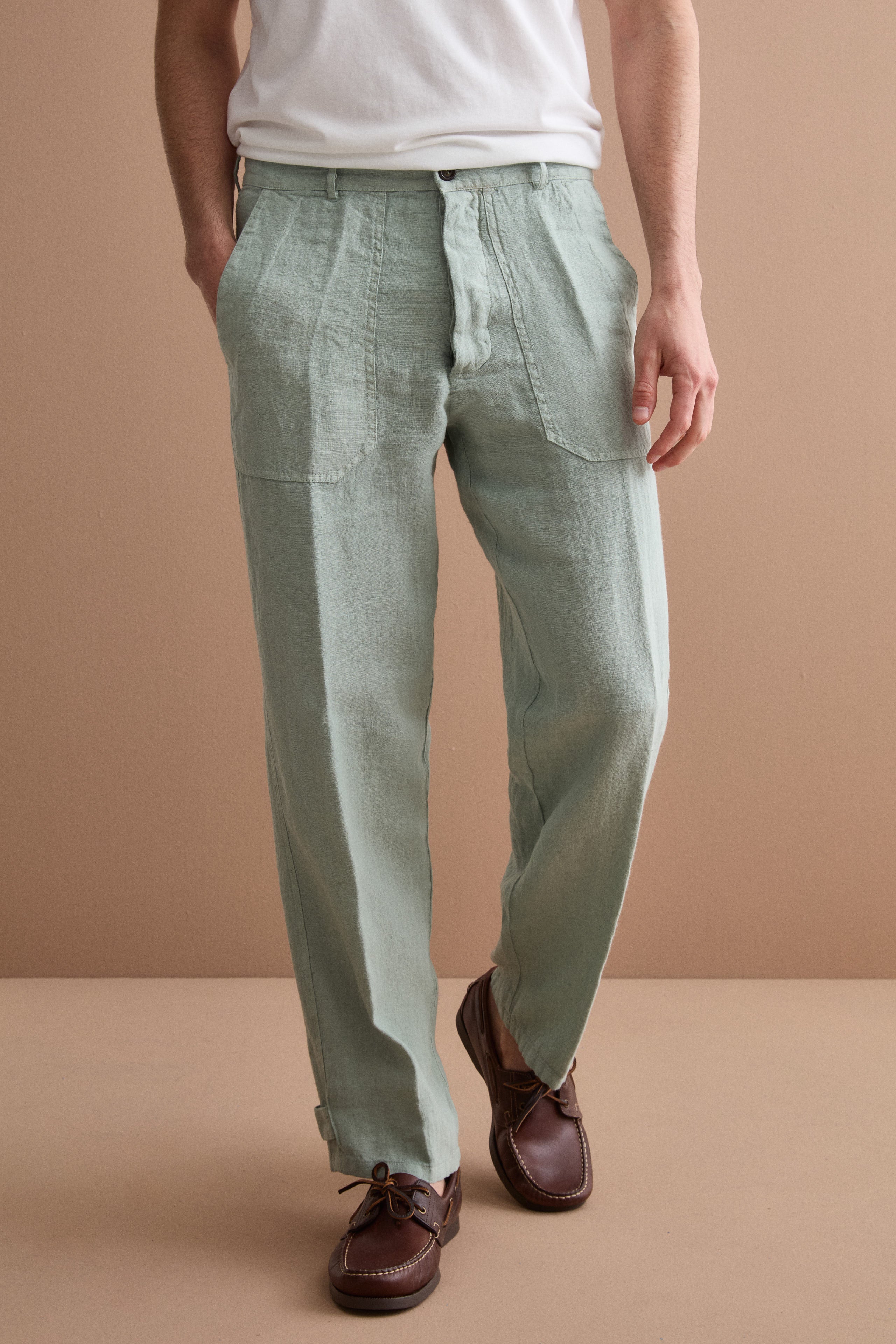 Pantalone Straight in Lino con Tasche e Alamaro - VERDE