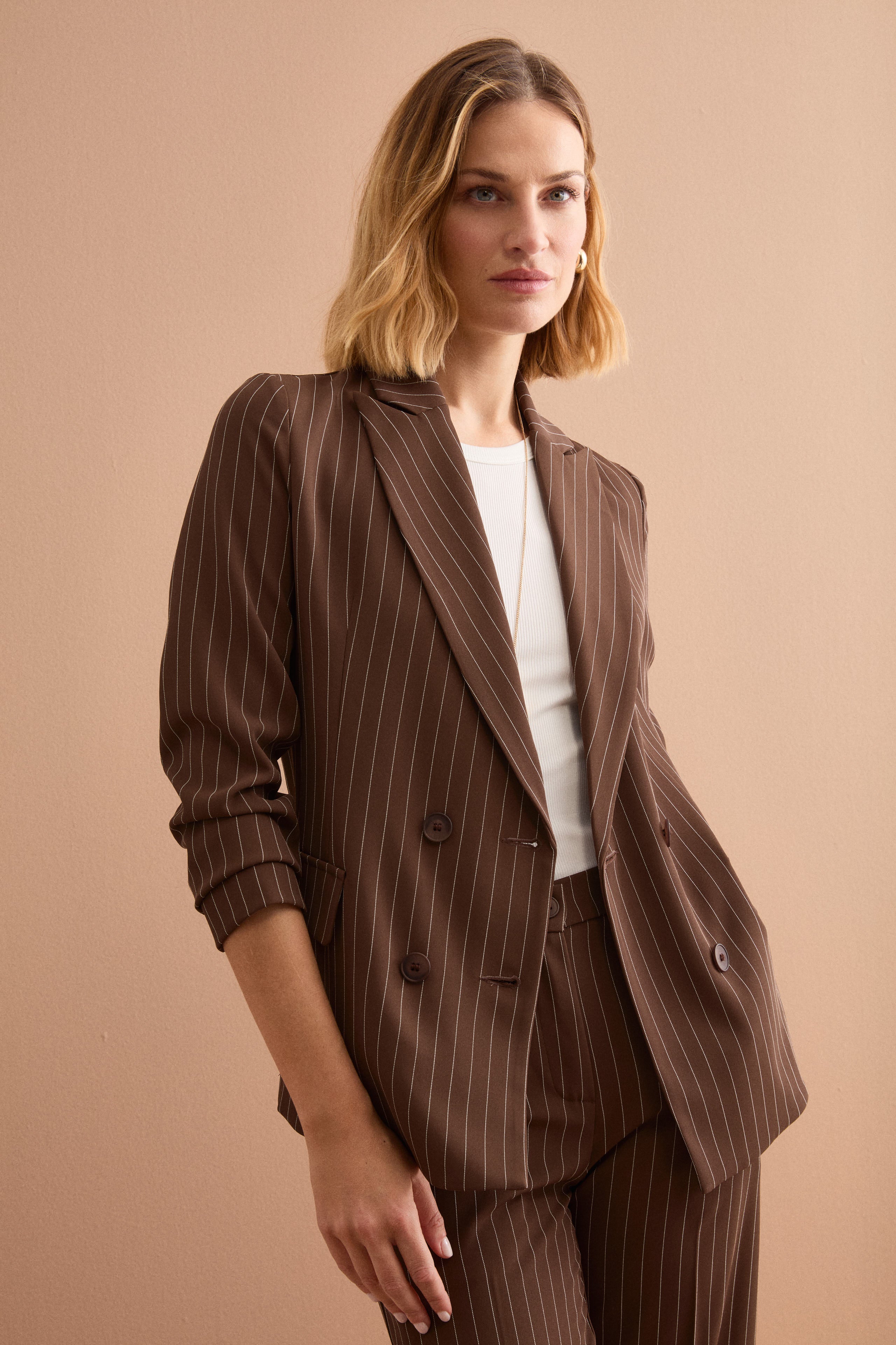 Blazer Cady Doppiopetto Gessato con Revers Punto Lancia - MARRONE GESSATO