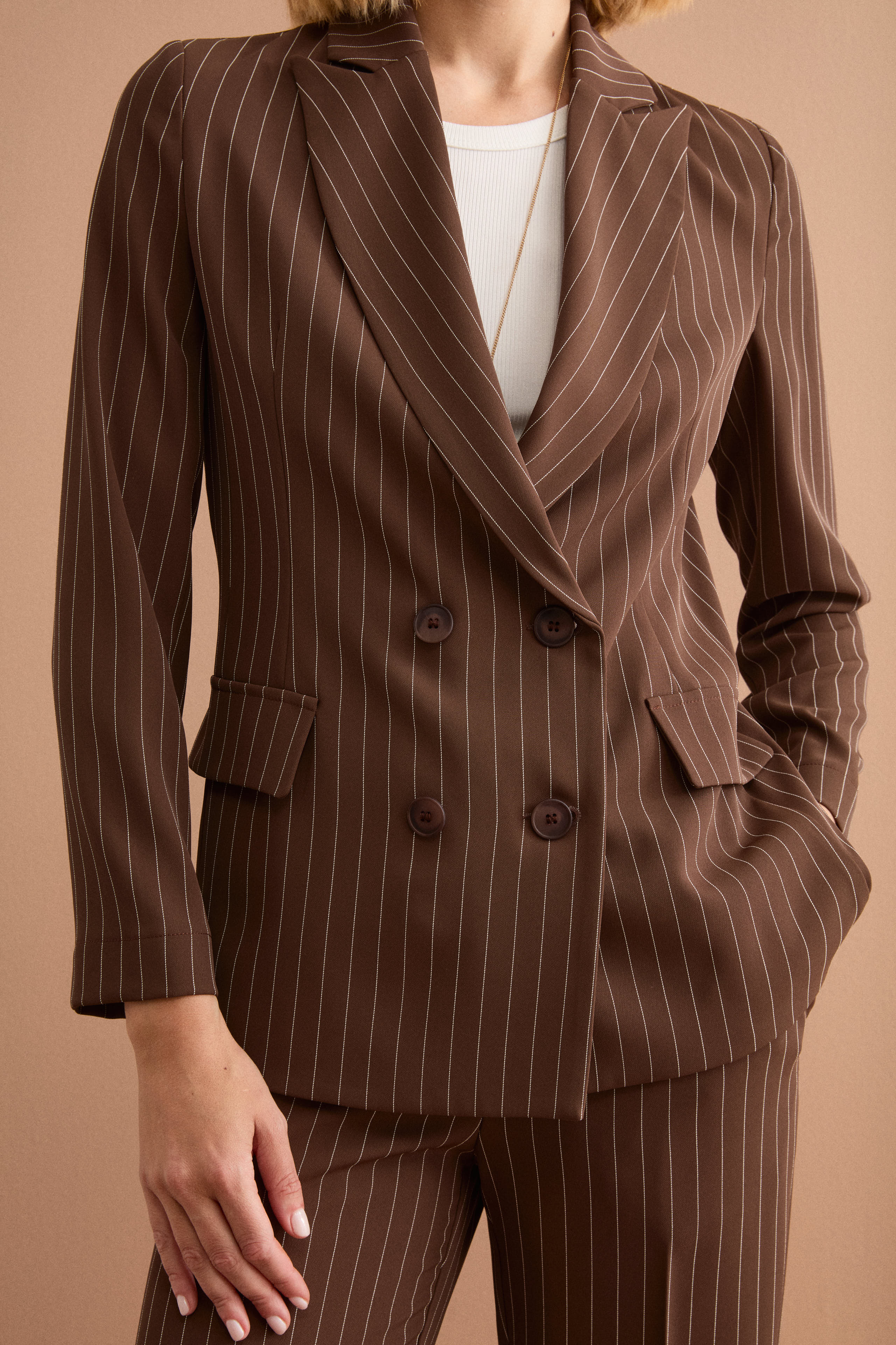 Blazer Cady Doppiopetto Gessato con Revers Punto Lancia - MARRONE GESSATO