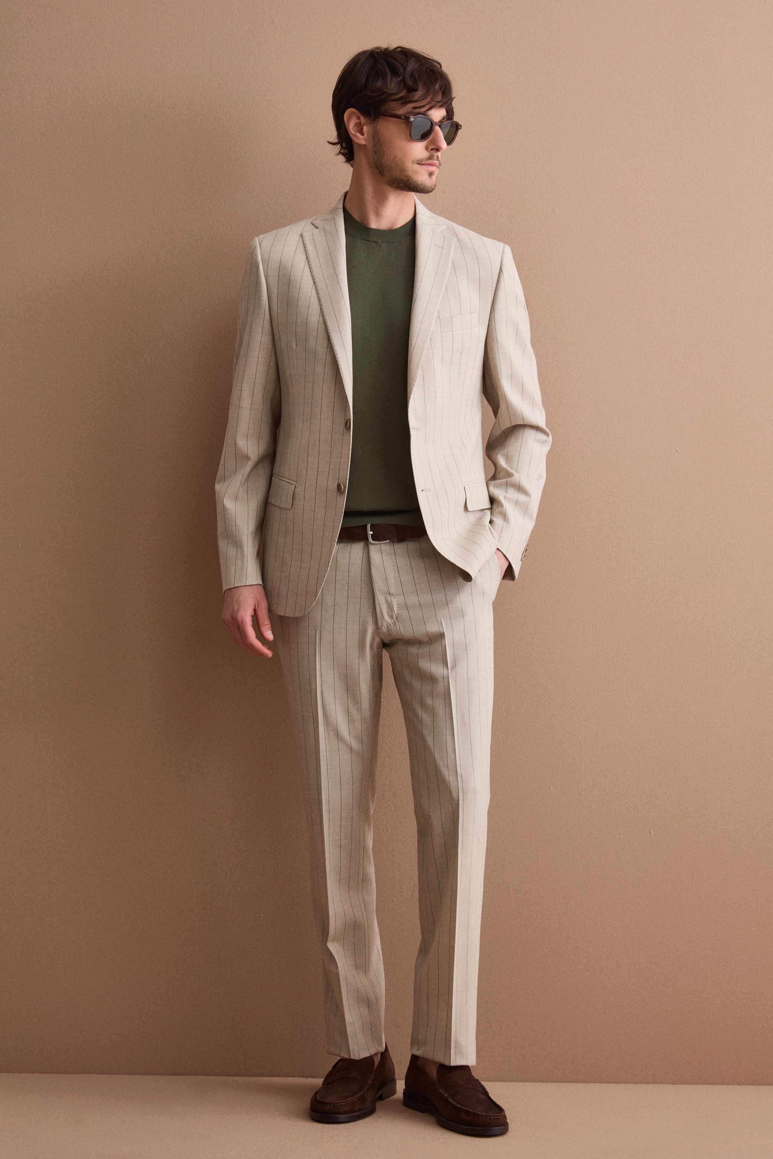 Abito Uomo in Lana Vergine Gessato Slim Fit - BEIGE GESSATO