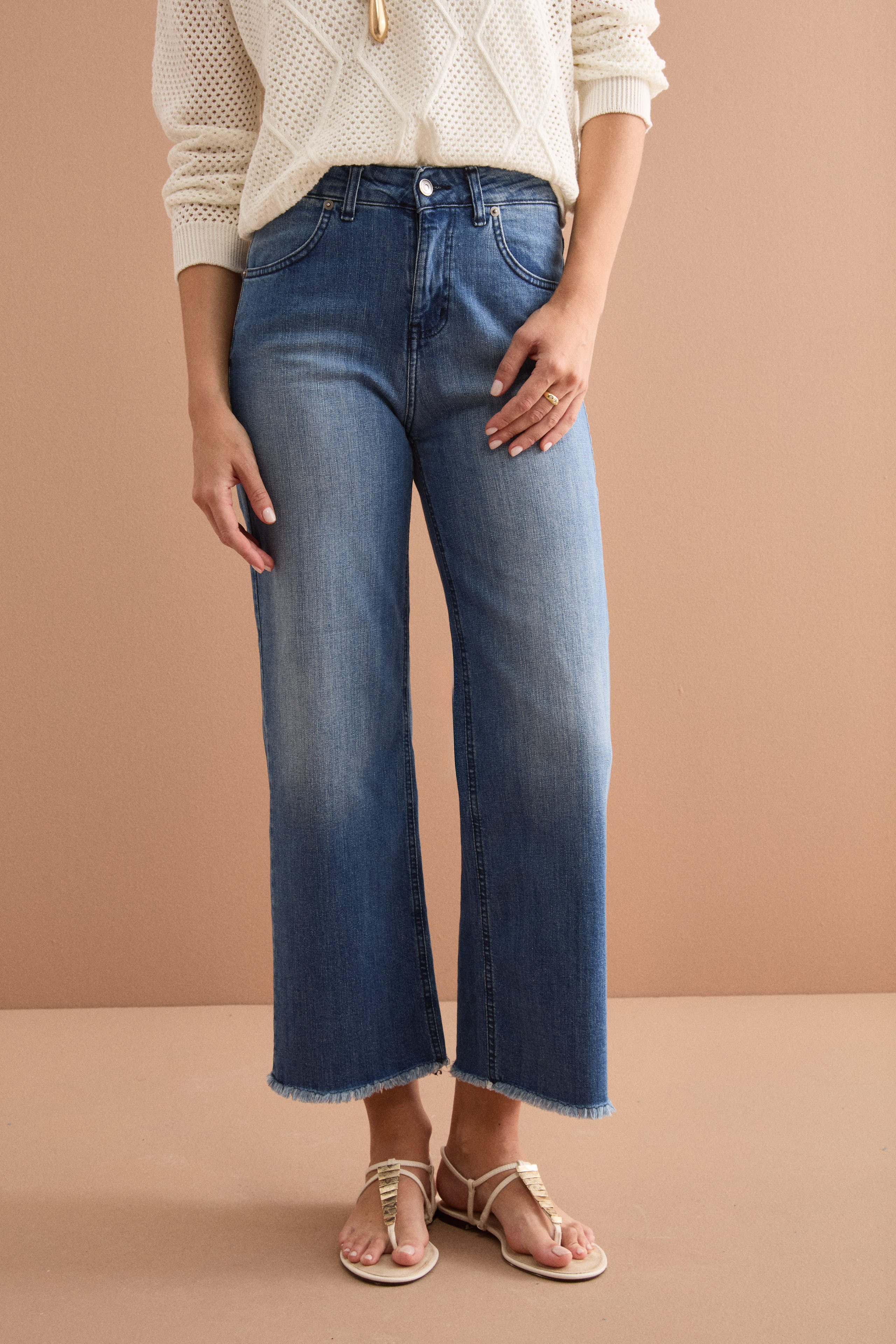 Jeans Straight Fit Sfrangiato in Cotone - DENIM