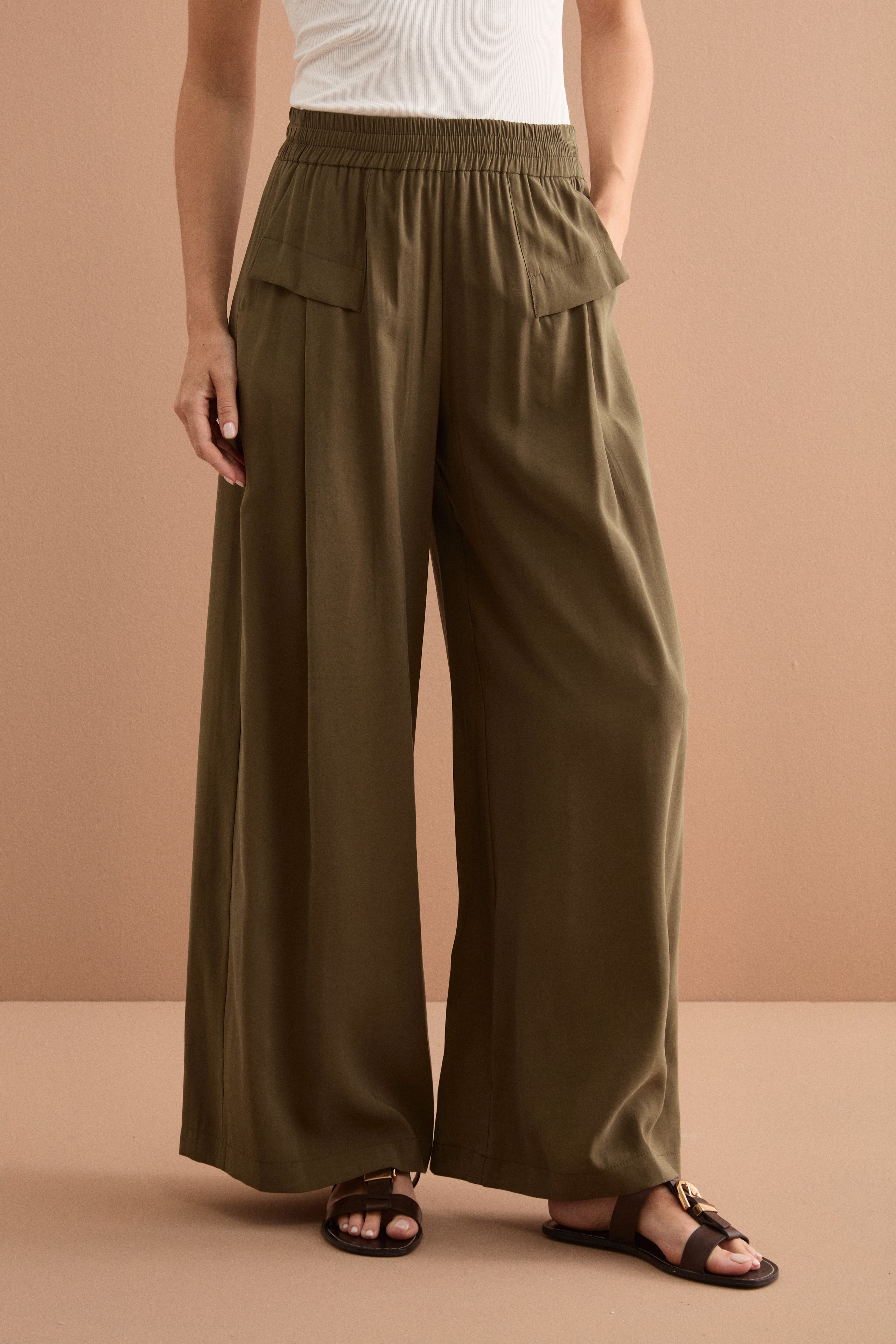 Pantalone Ampio Fluido con Vita Elasticizzata - VERDE MILITARE