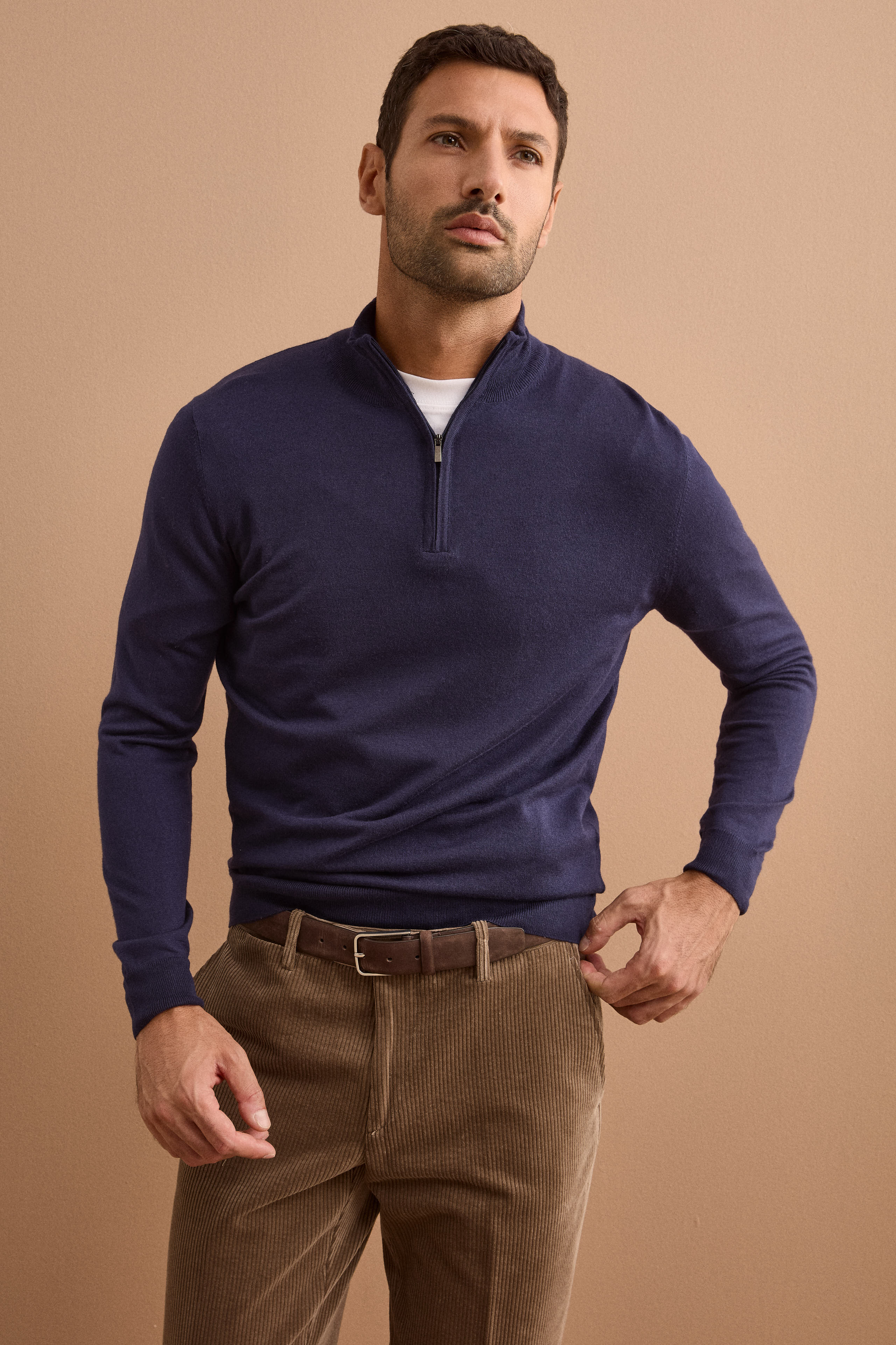 Lupetto Mezza Zip in Seta e Cashmere - BLU NOTTE