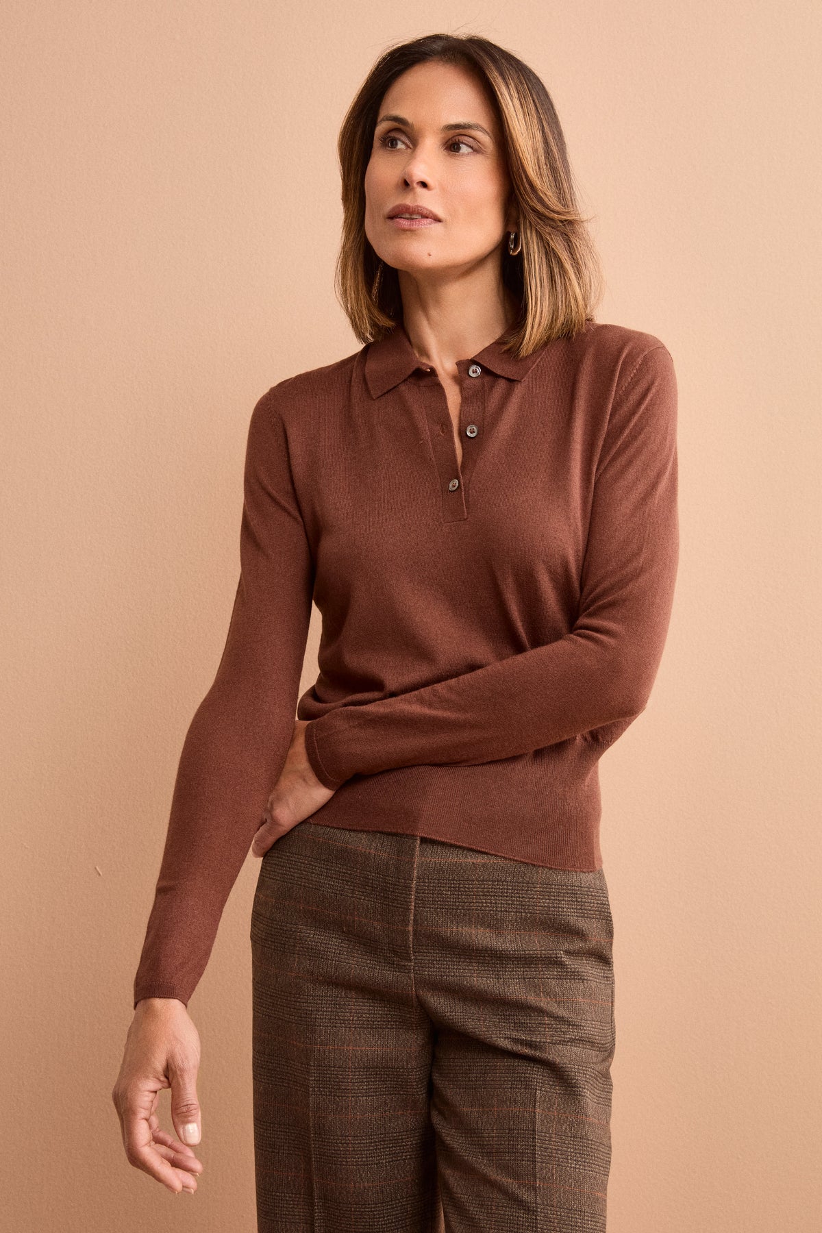 Polo Boxy Manica Lunga in Seta e Cashmere - MARRONE