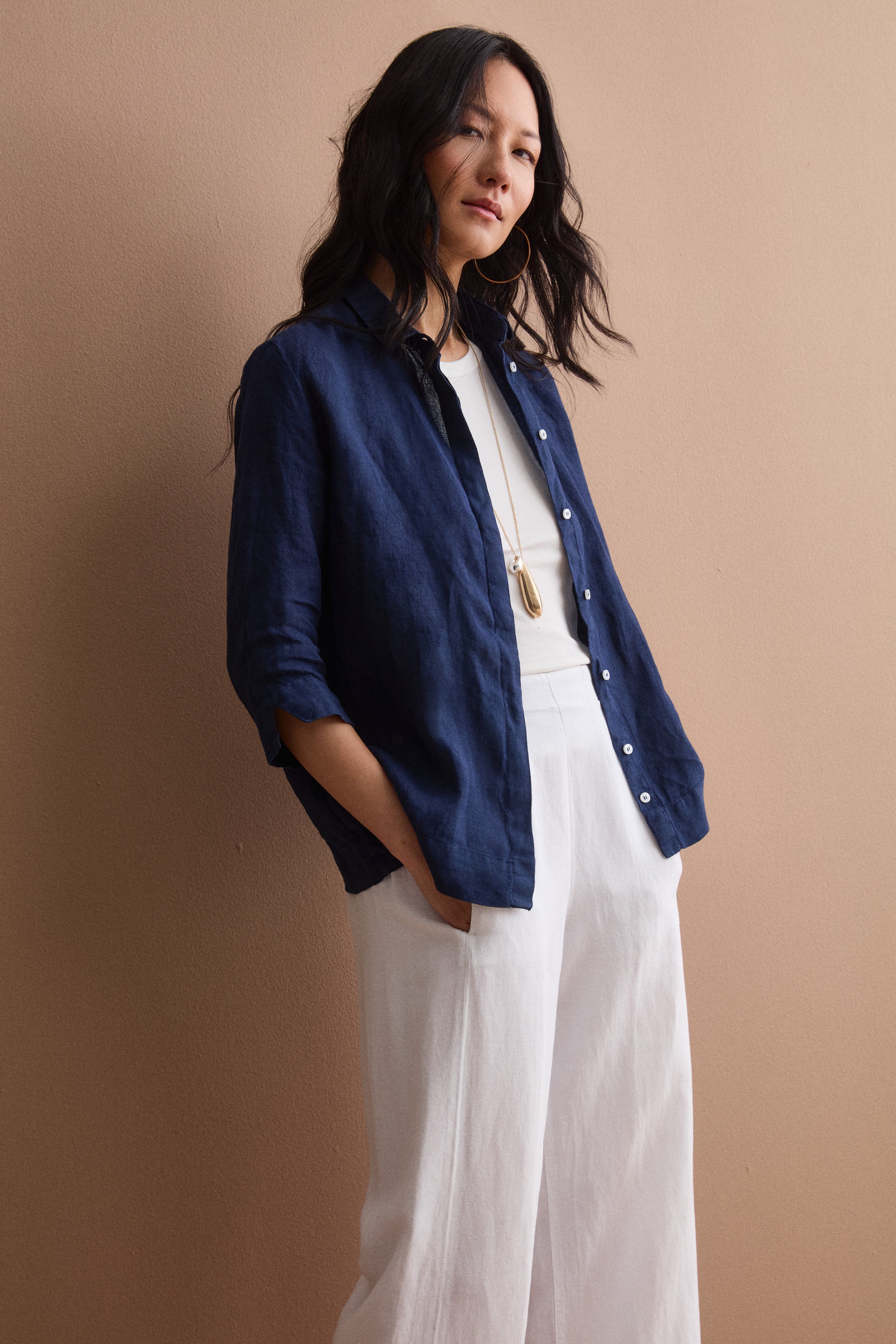 Camicia Boxy Morbida in Lino - NAVY
