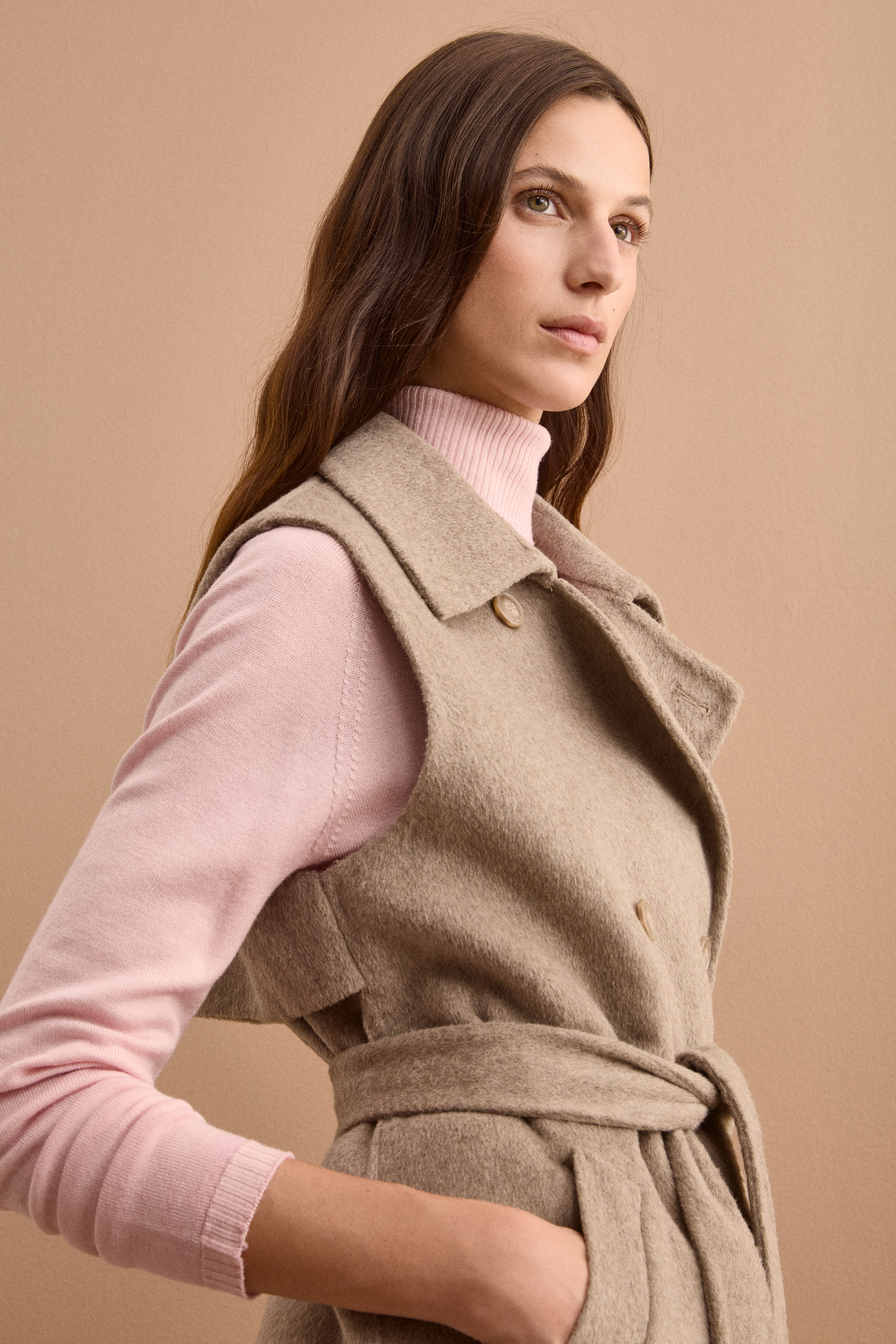 Gilet Lungo Doppiopetto in Misto Lana Double - TORTORA