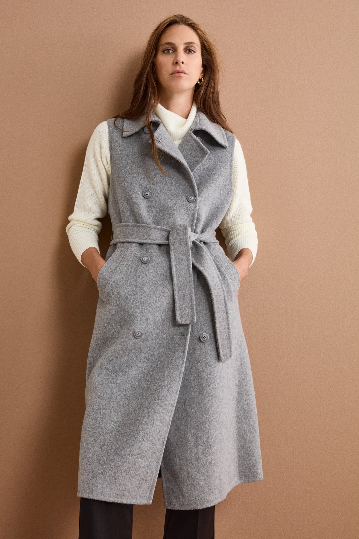 Gilet Lungo Doppiopetto in Misto Lana Double - GRIGIO
