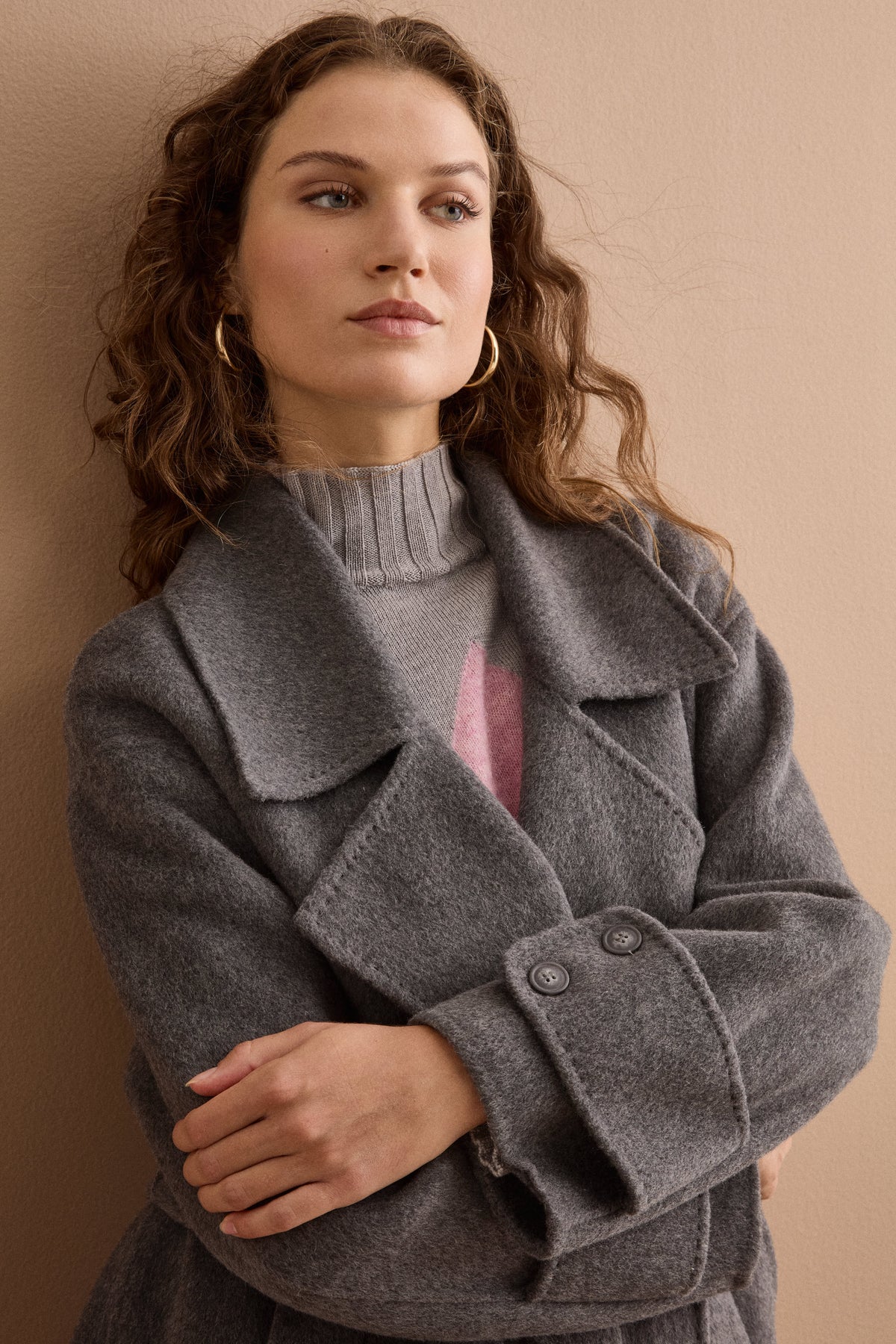 Cappotto Midi Doppiopetto con Cintura in Misto Lana - GRIGIO
