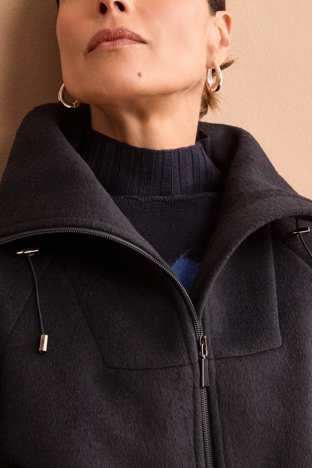Cappotto Midi in Misto Lana con Zip e Cintura - BLU