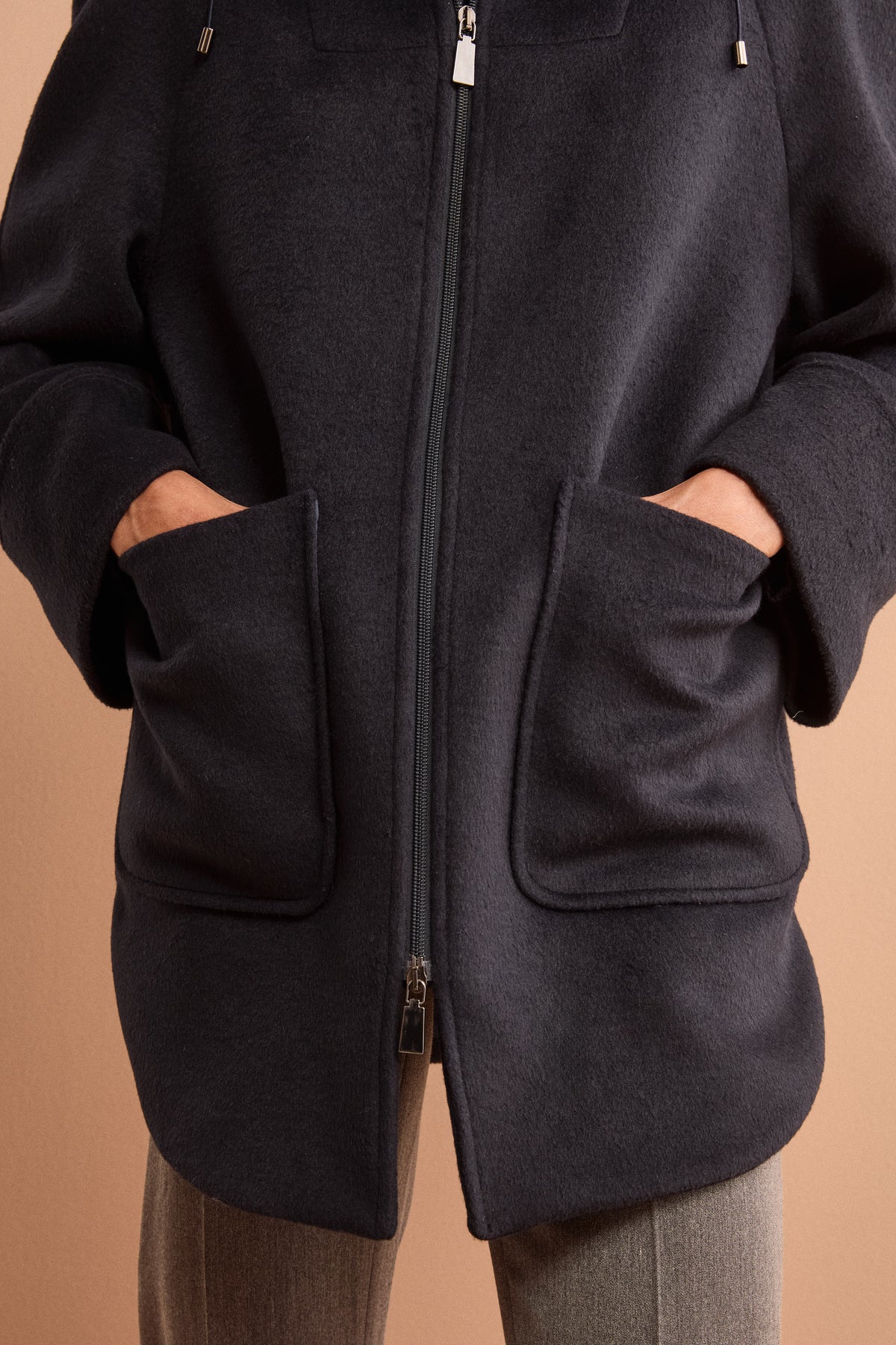 Cappotto Midi in Misto Lana con Zip e Cintura - BLU
