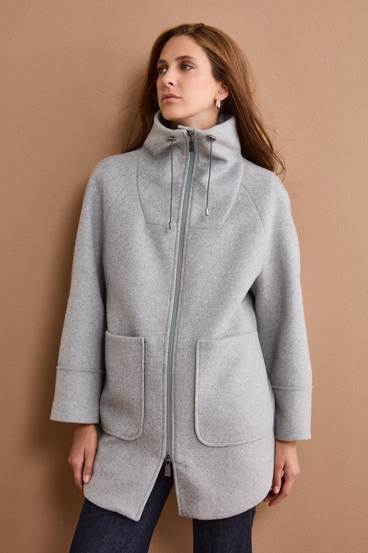 Cappotto Midi in Misto Lana con Zip e Cintura - GRIGIO