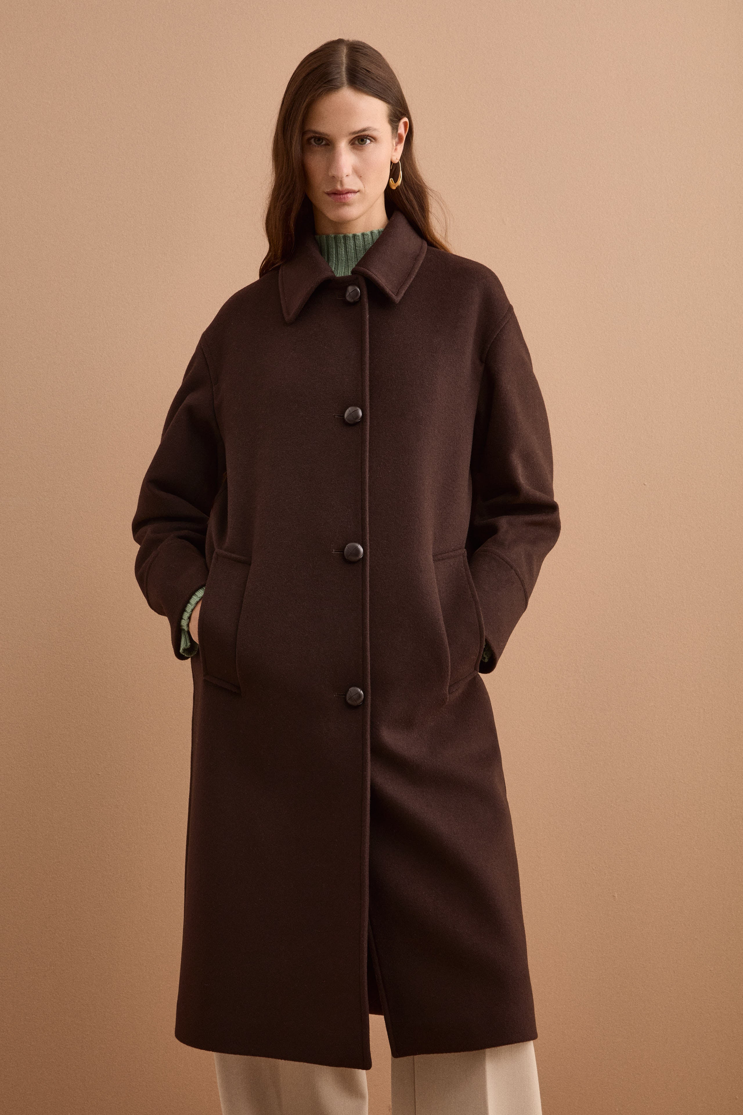 Cappotto Lungo in Lana e Cashmere con Collo a Camicia - T.MORO