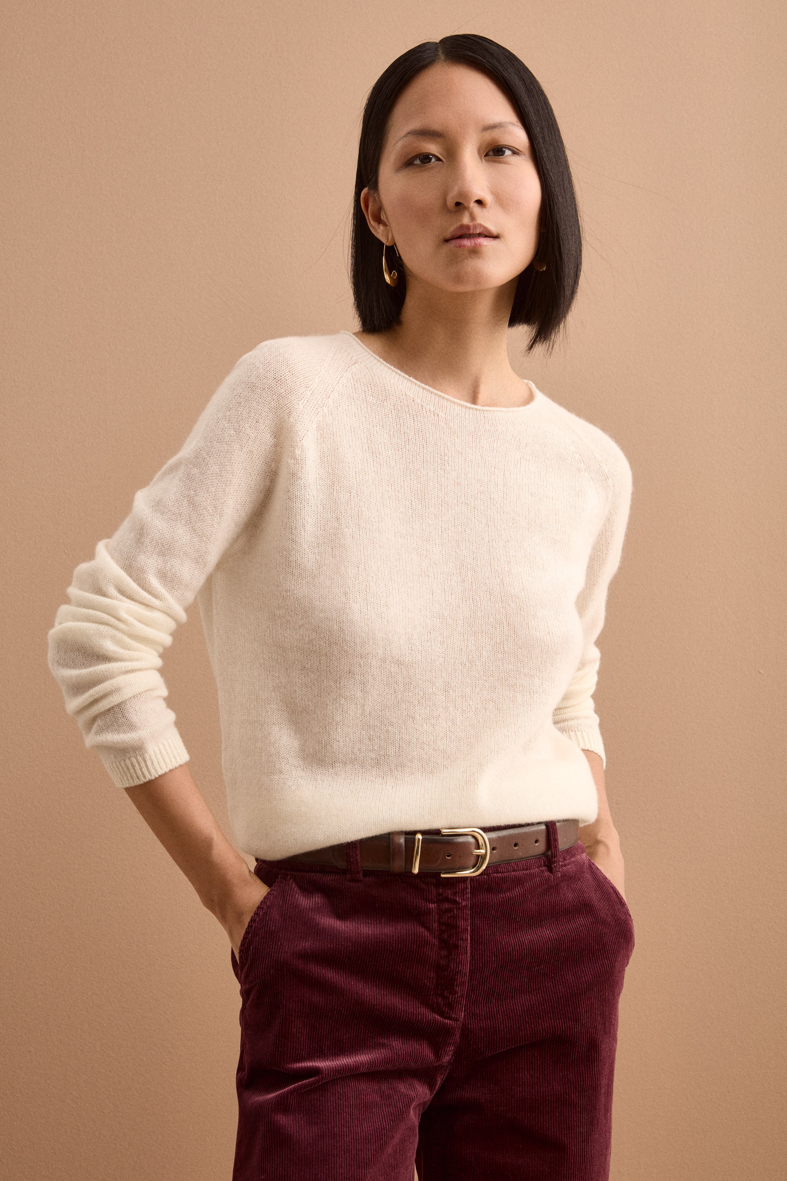 Maglia Raglan con Collo Barchetta in Cashmere - PANNA