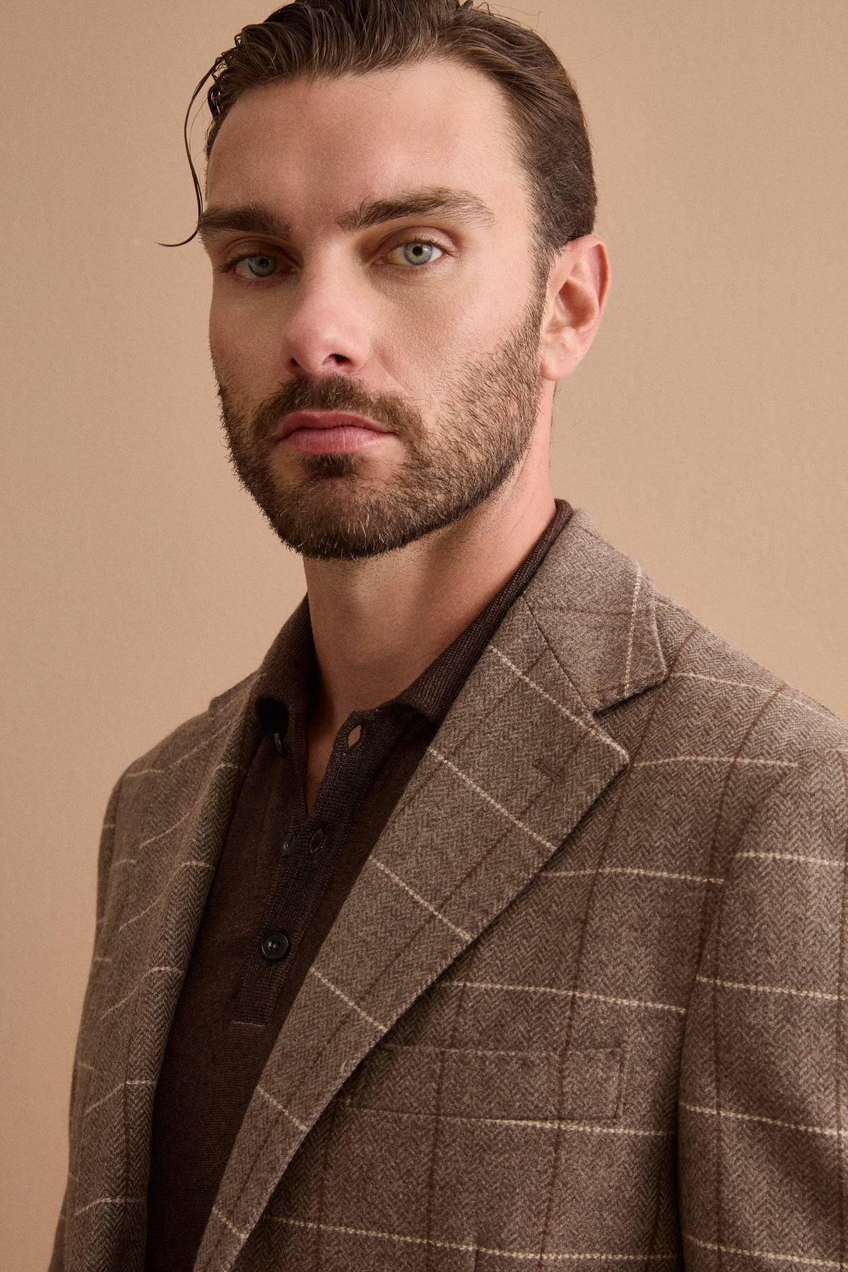 Giacca Check Slim Fit con Revers Classico in Misto Lana - MARRONE