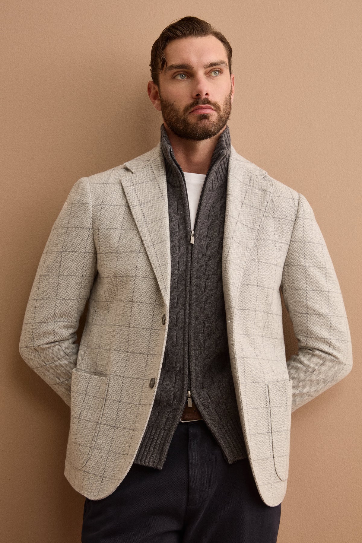 Giacca Check Slim Fit con Revers Classico in Misto Lana - GRIGIO