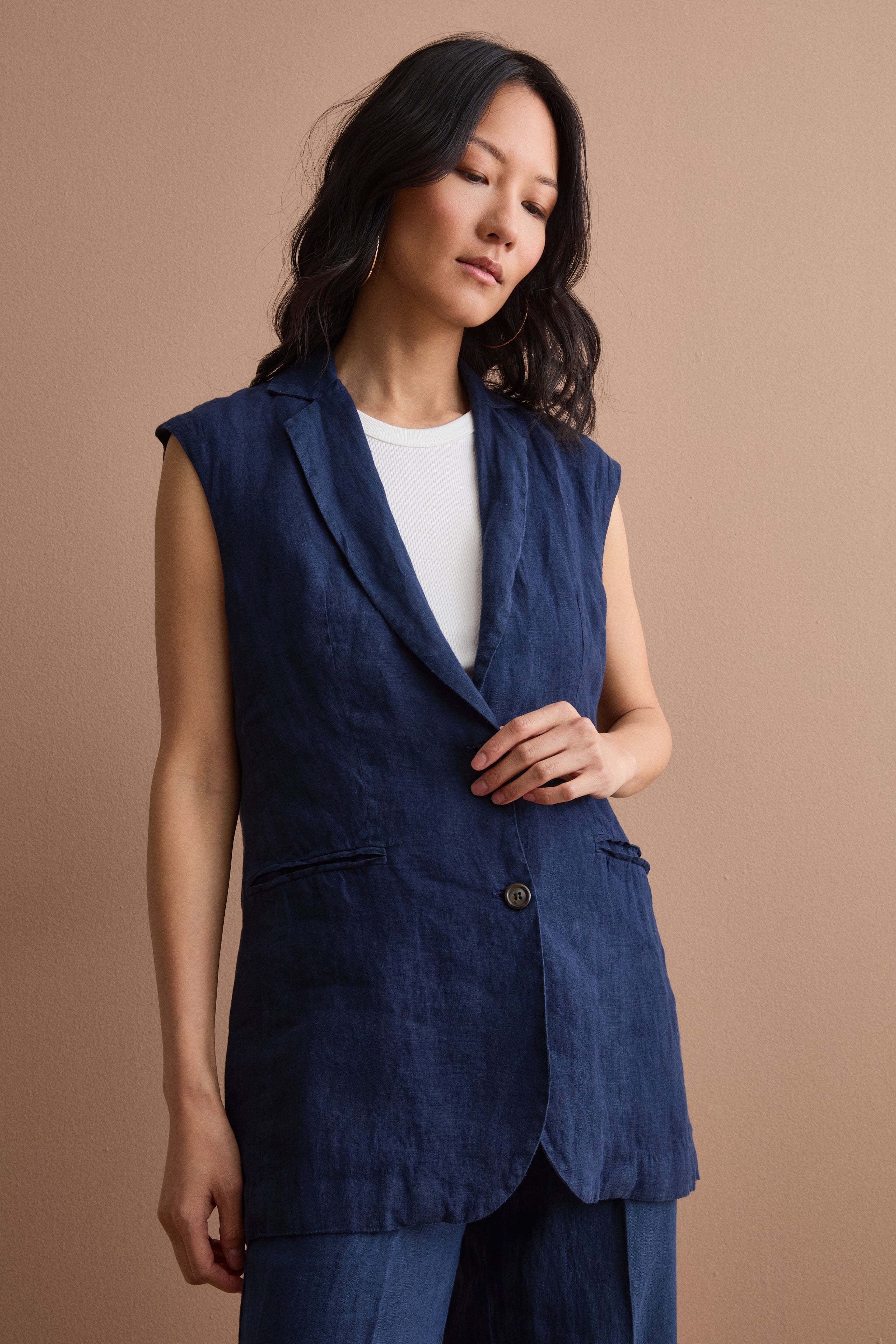 Gilet Sfoderato in Lino con Revers Classico - NAVY