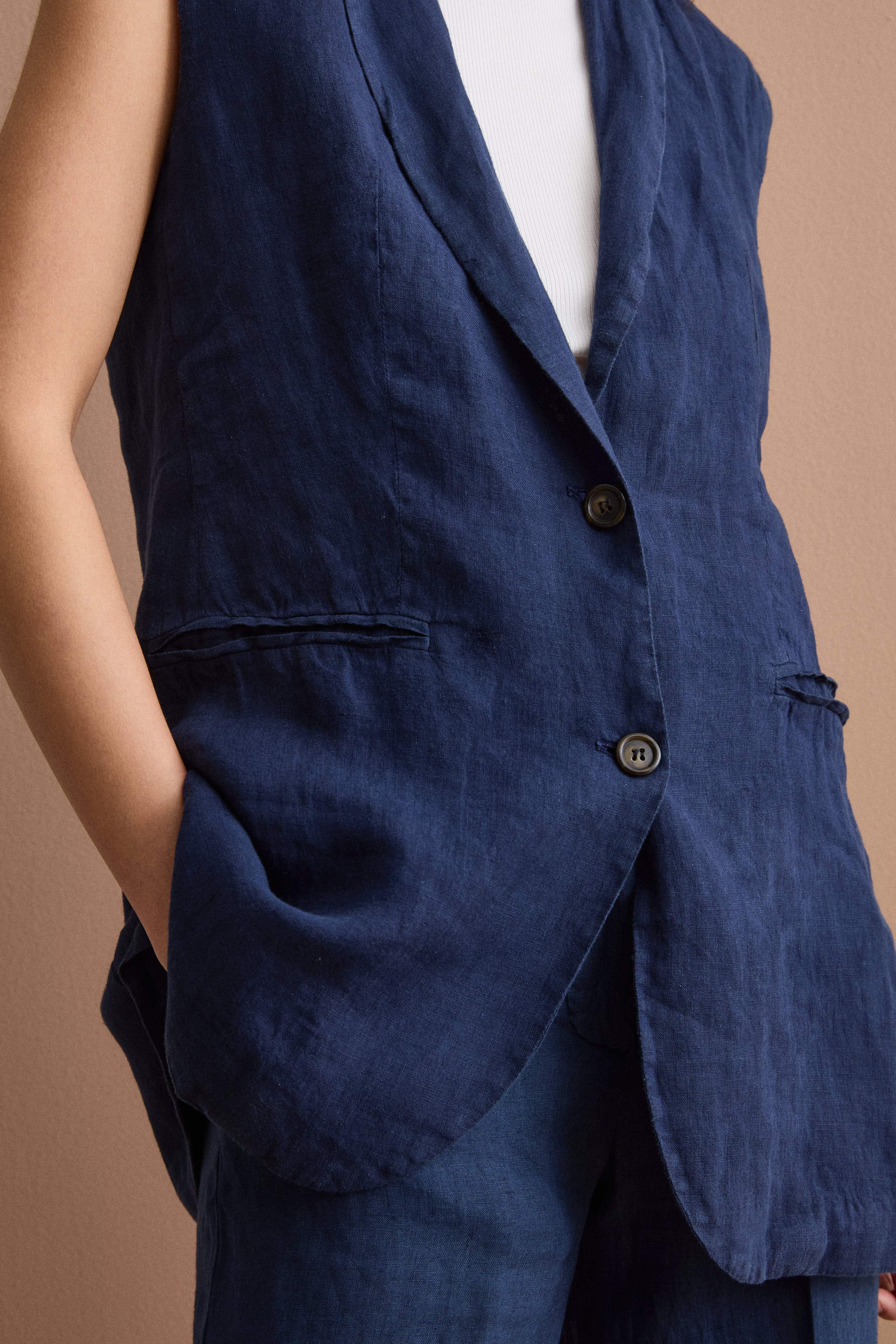 Gilet Sfoderato in Lino con Revers Classico - NAVY