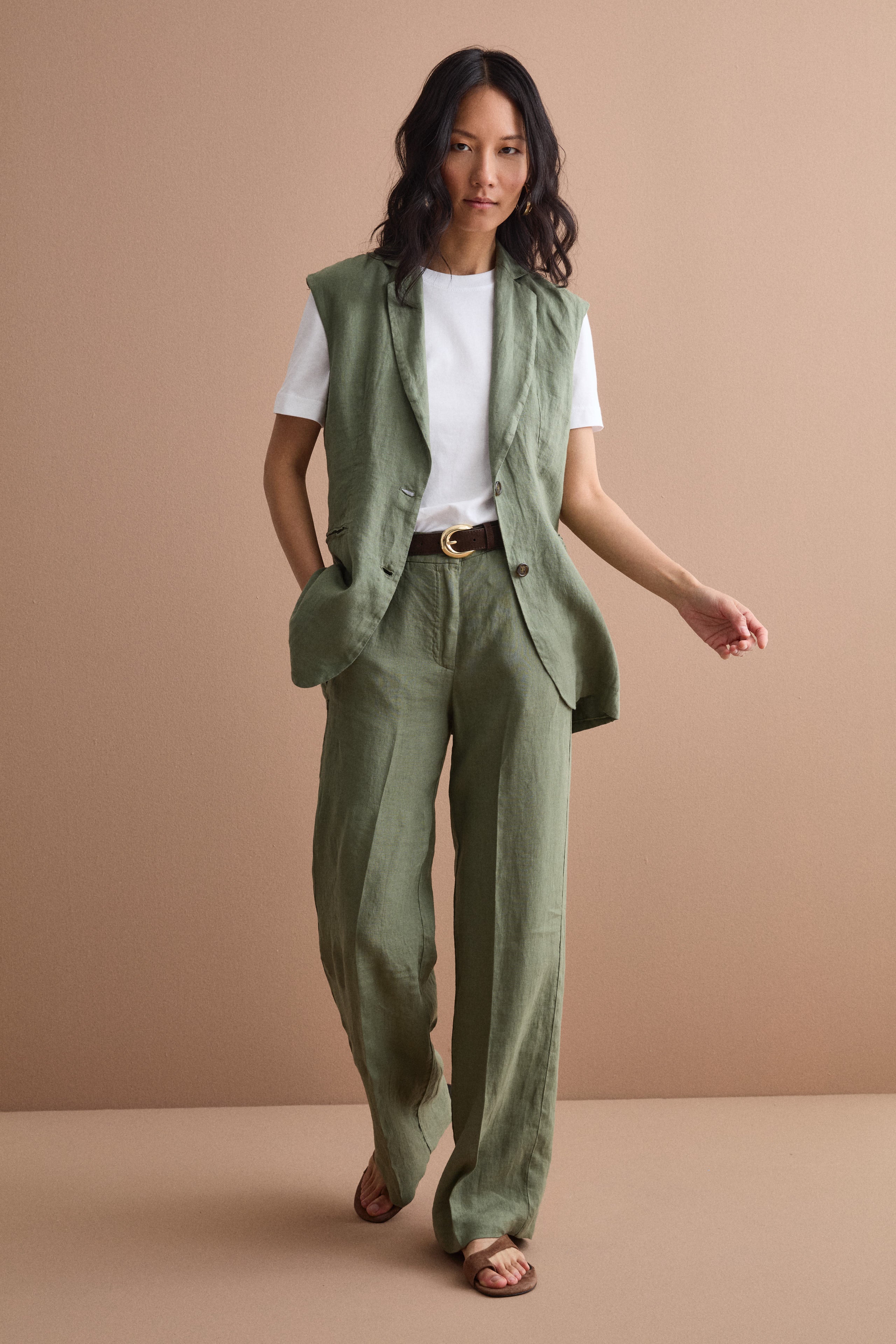 Gilet Sfoderato in Lino con Revers Classico - VERDE MILITARE