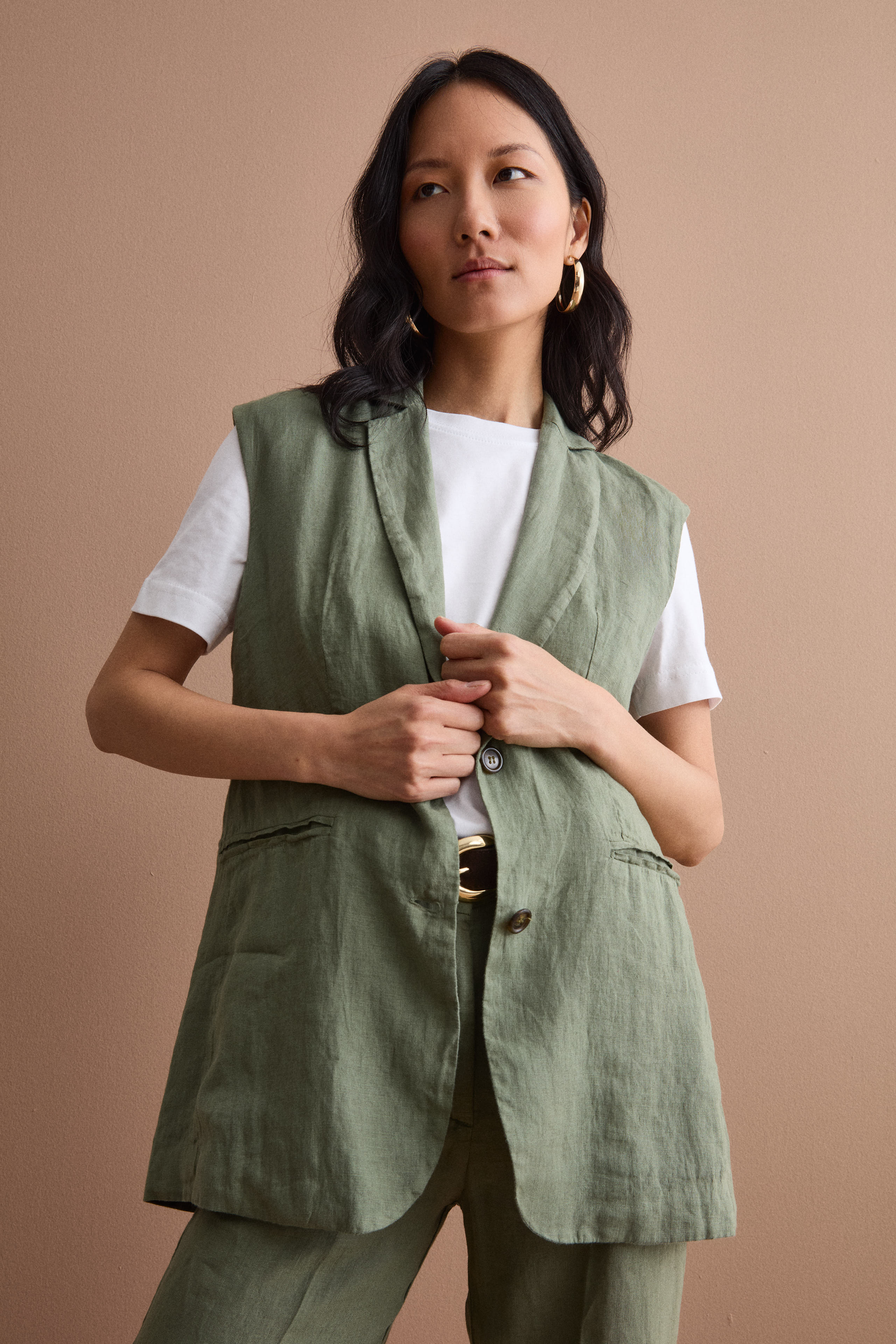 Gilet Sfoderato in Lino con Revers Classico - VERDE MILITARE
