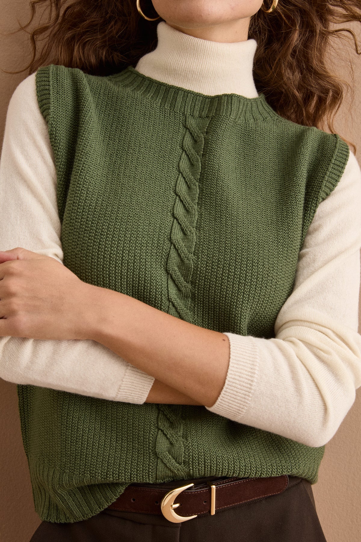 Gilet Boxy Fit con Motivo Treccia in Lana Merino - VERDE MILITARE