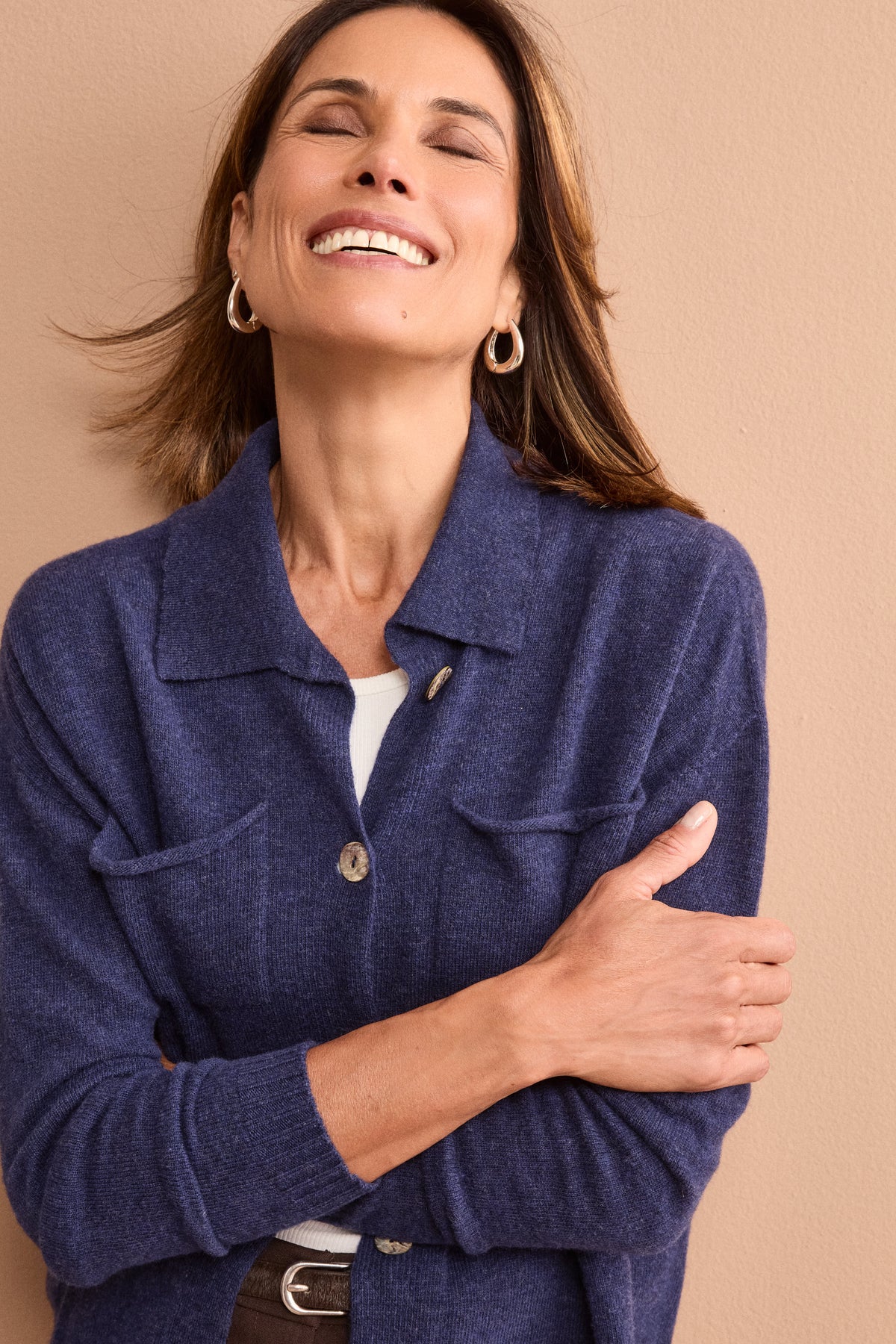 Cardigan con Bottoni e Collo a Polo in Lana Super Soft - BLU