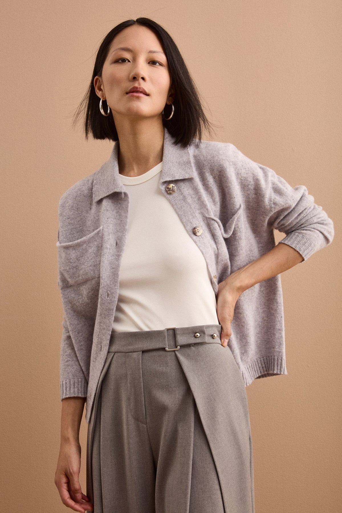 Cardigan con Bottoni e Collo a Polo in Lana Super Soft - GRIGIO