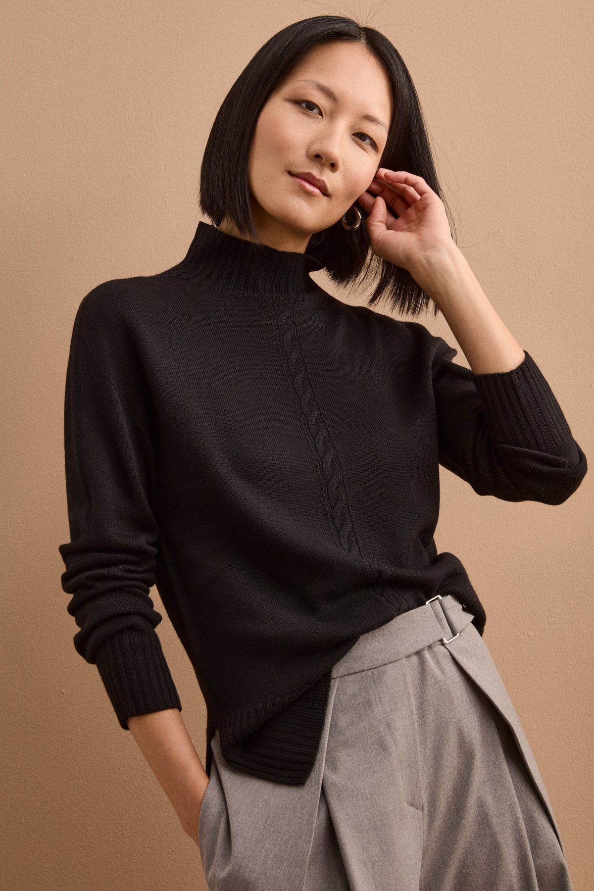 Lupetto Boxy Fit Motivo Treccia in Lana - NERO