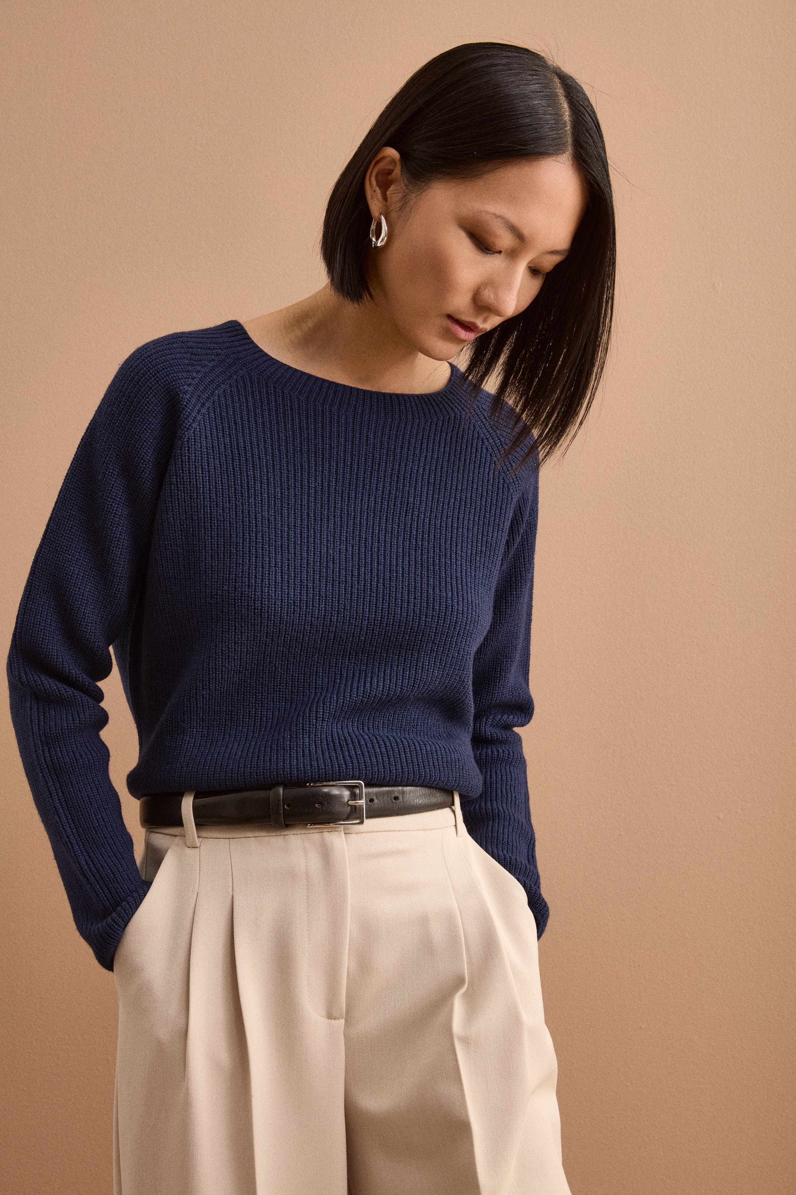 Maglia Girocollo a Coste Inglese in Lana Merino - NAVY
