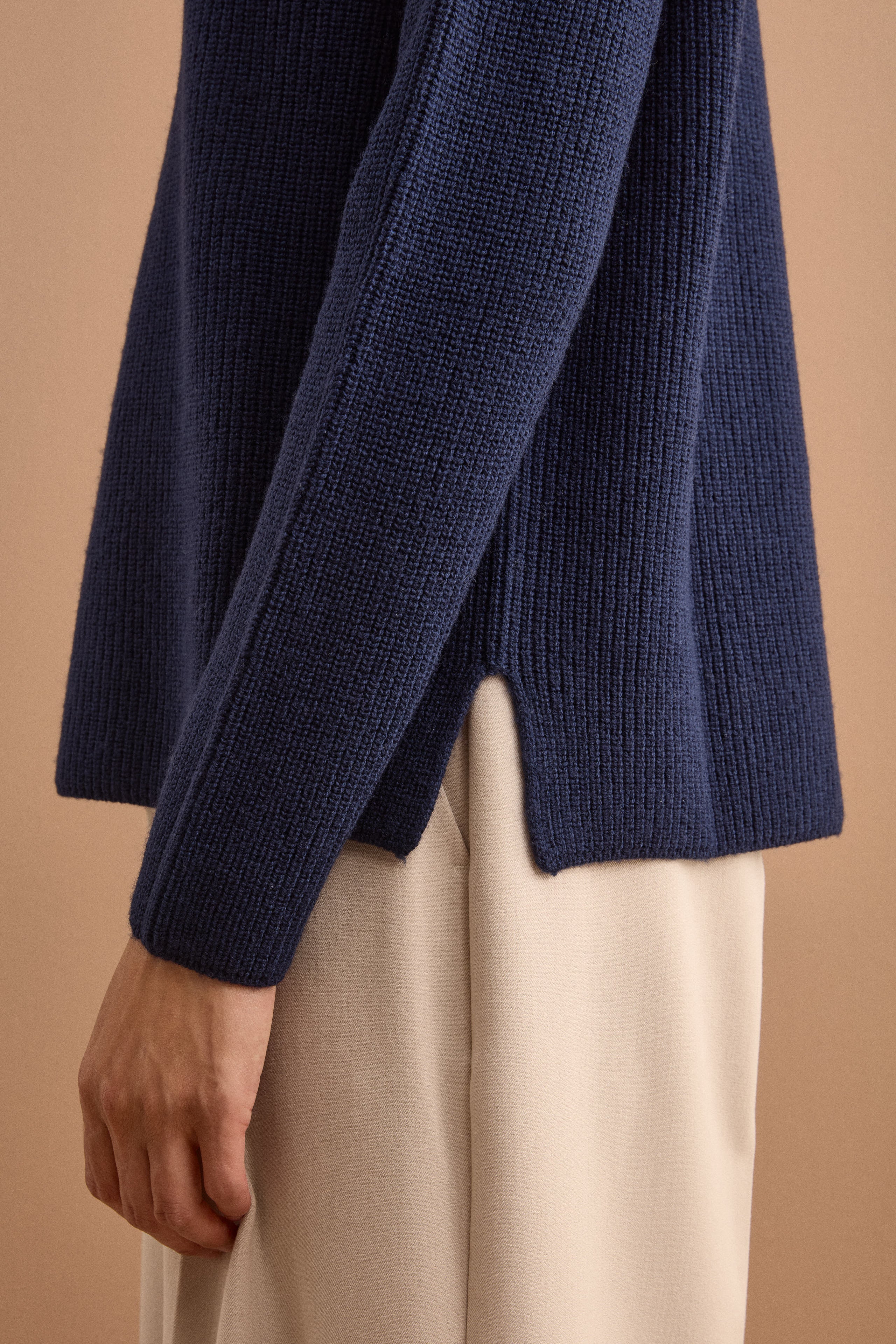 Maglia Girocollo a Coste Inglese in Lana Merino - NAVY