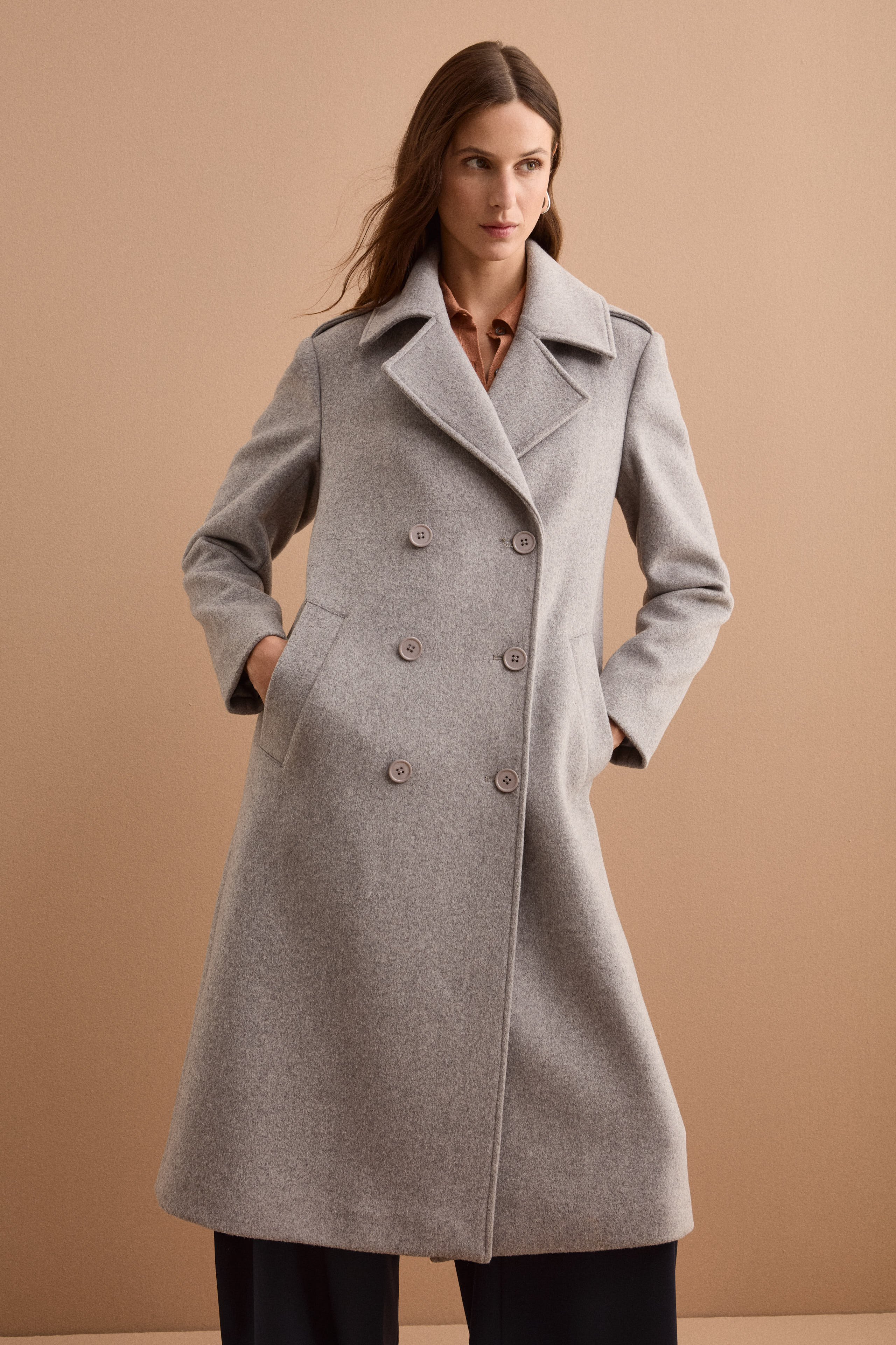 Cappotto Lungo Doppiopetto in Misto Lana Vergine - GRIGIO