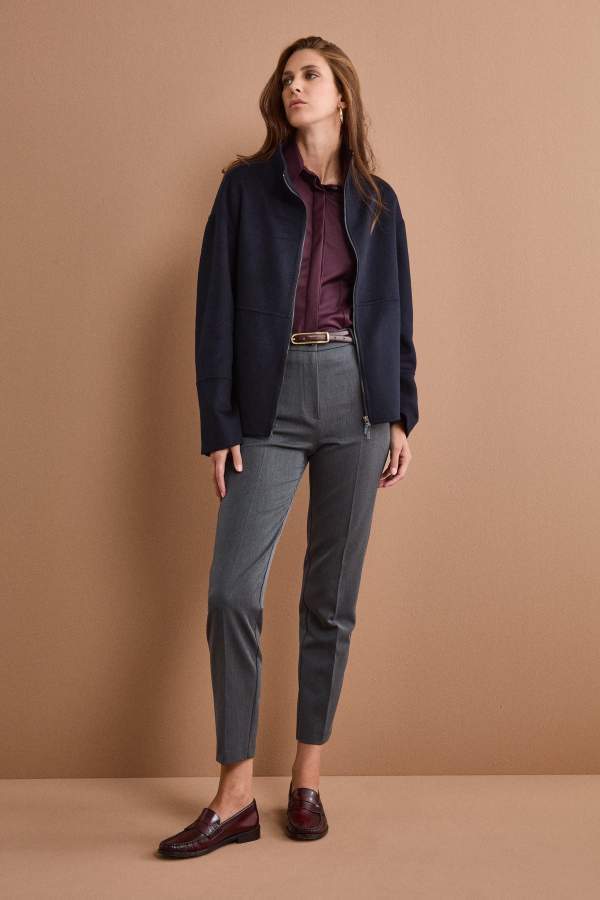 Bomber Boxy con Zip Sfoderato in Misto Lana - BLU